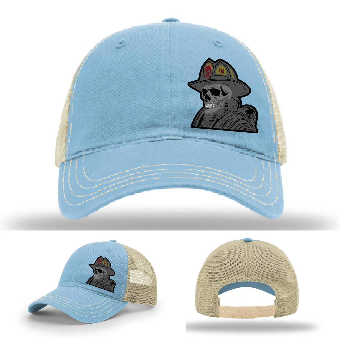 Skeleton firefighter patch logos – leather hat variants by Richardson