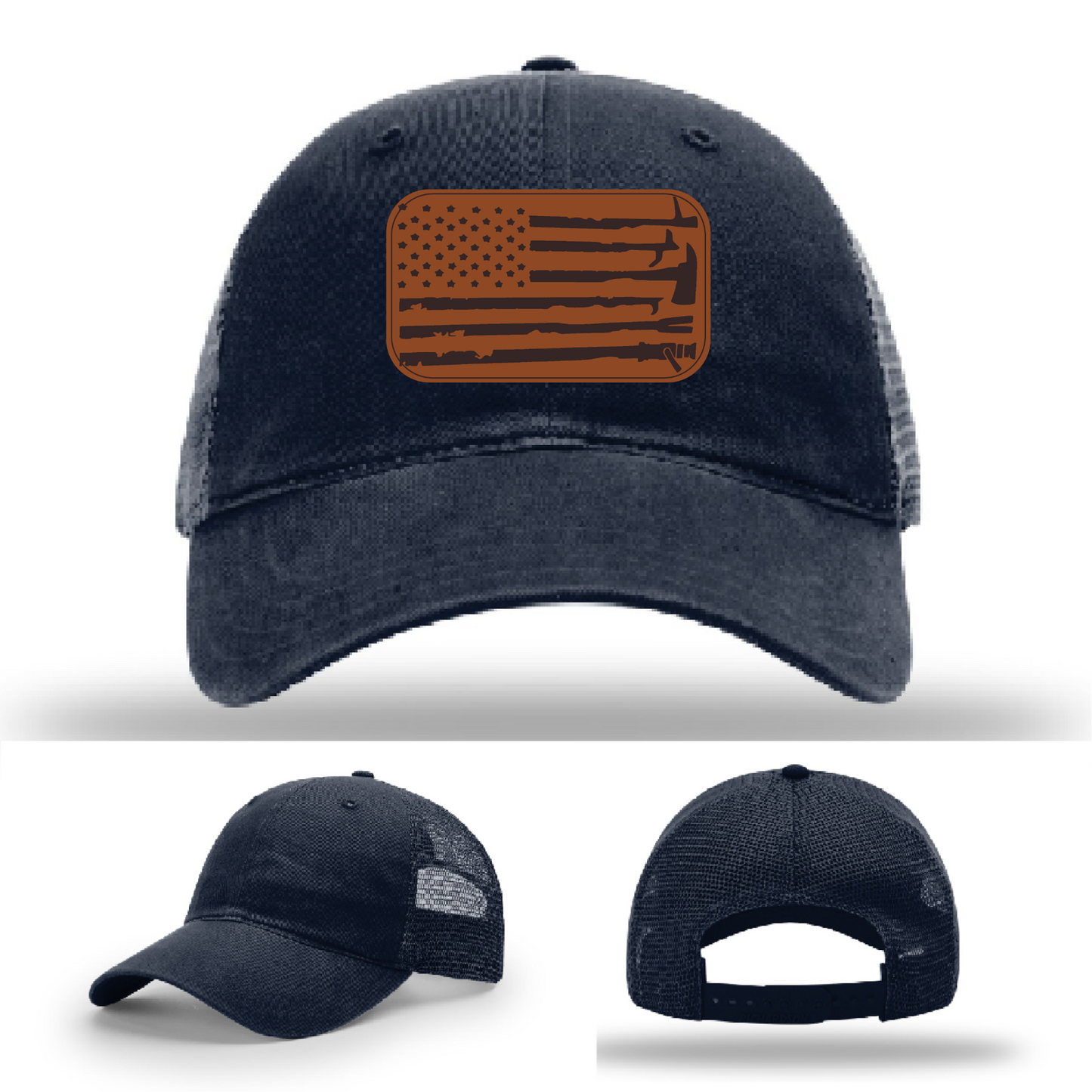 Leather patch firefighter hat – Richardson cap with fire tool American flag design
