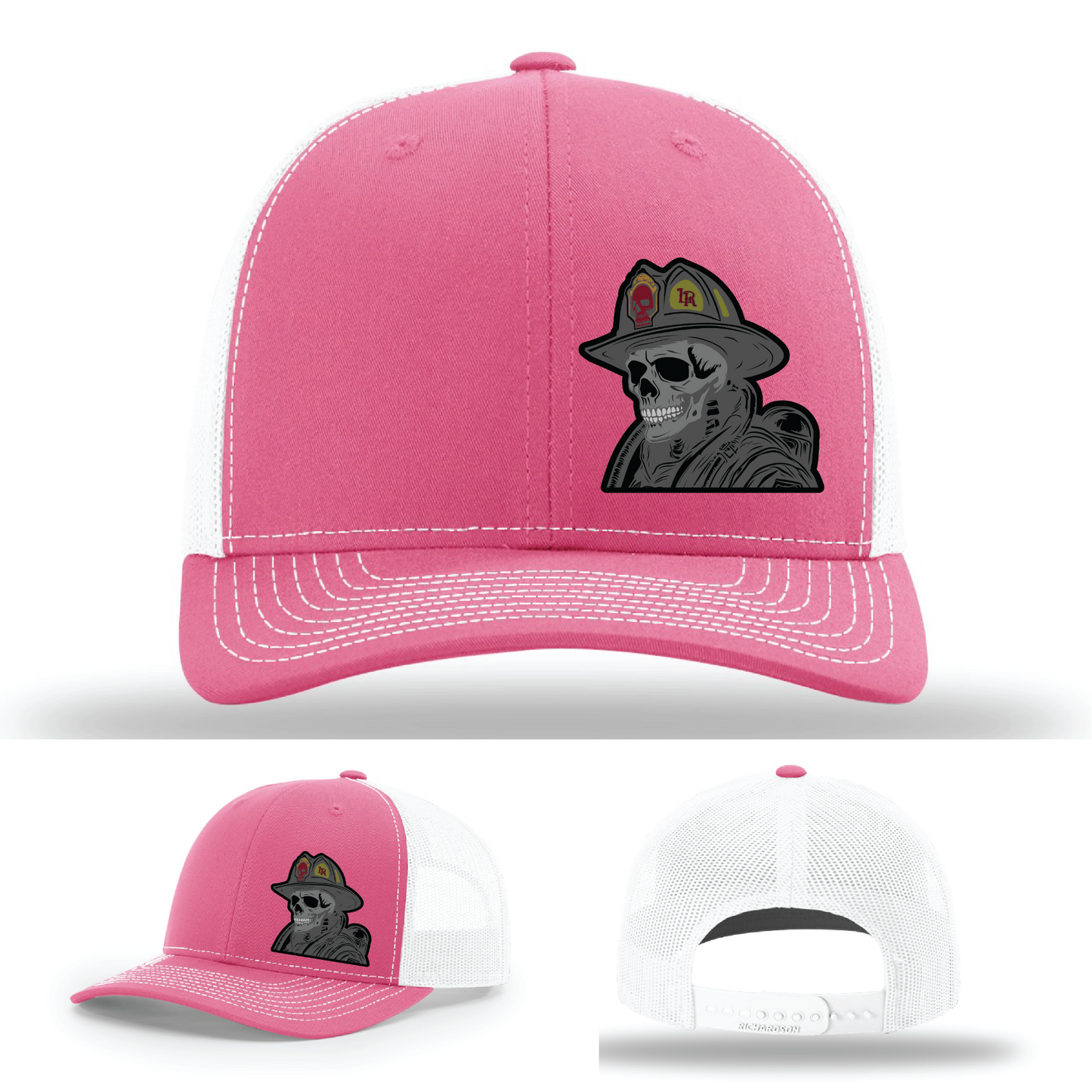 Helmet logo patch variants – firefighter skull styles on Richardson leather hats