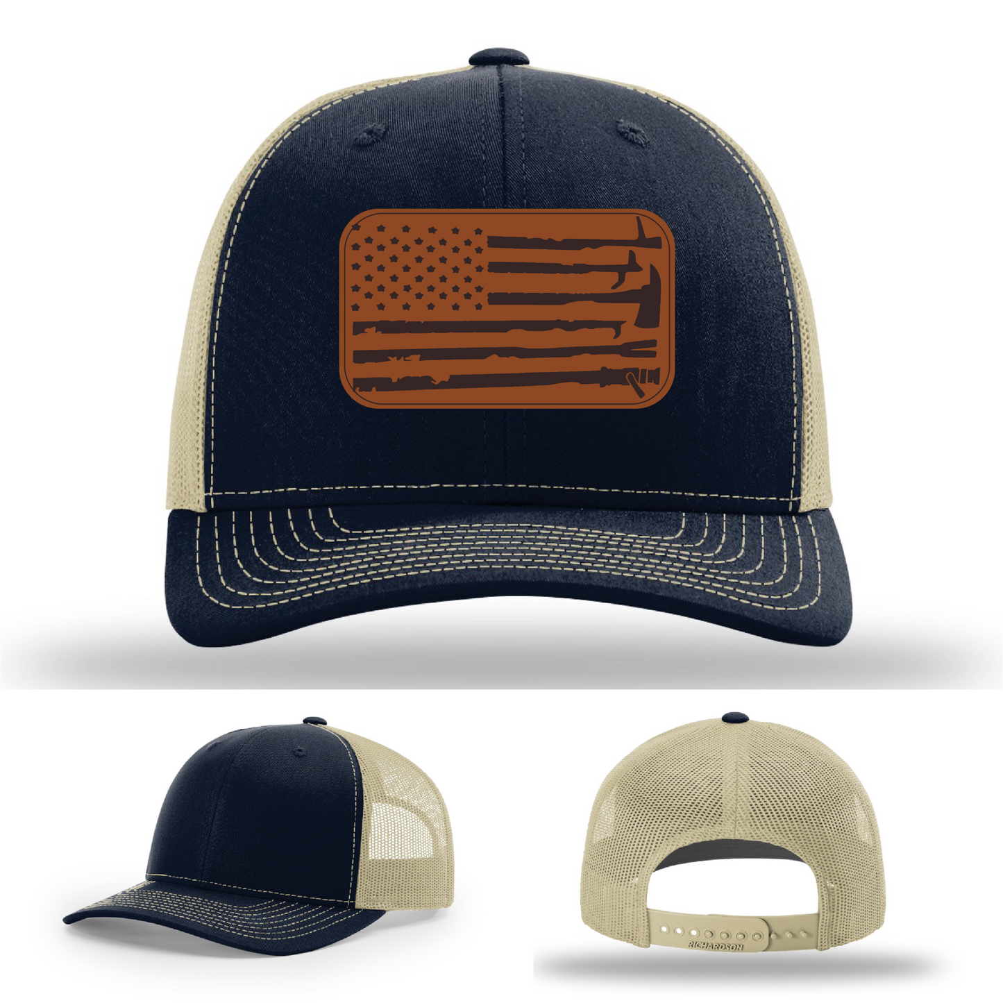 Leather patch firefighter hat – Richardson cap with fire tool American flag design