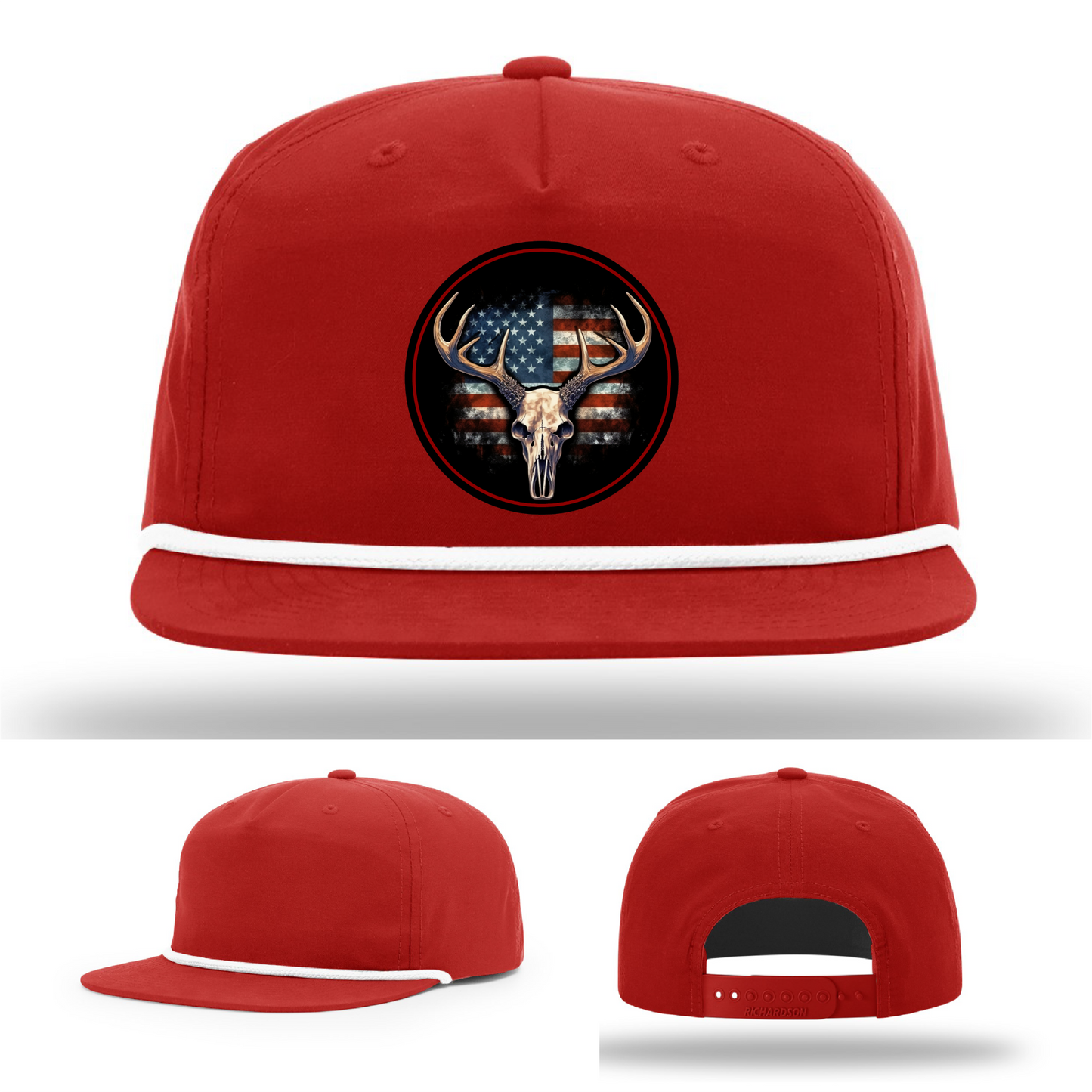 Buck skull logo variants β hunting patches with USA themes on Richardson leather patch hats