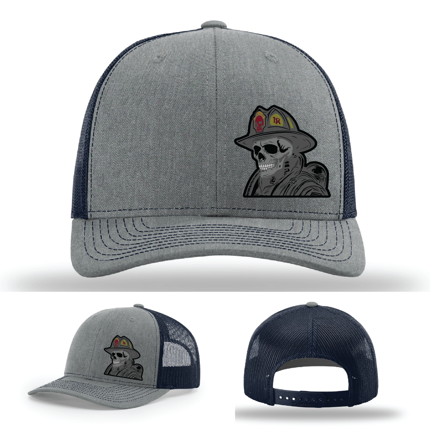 Skeleton fire helmet patch variations – on Richardson firefighter hats