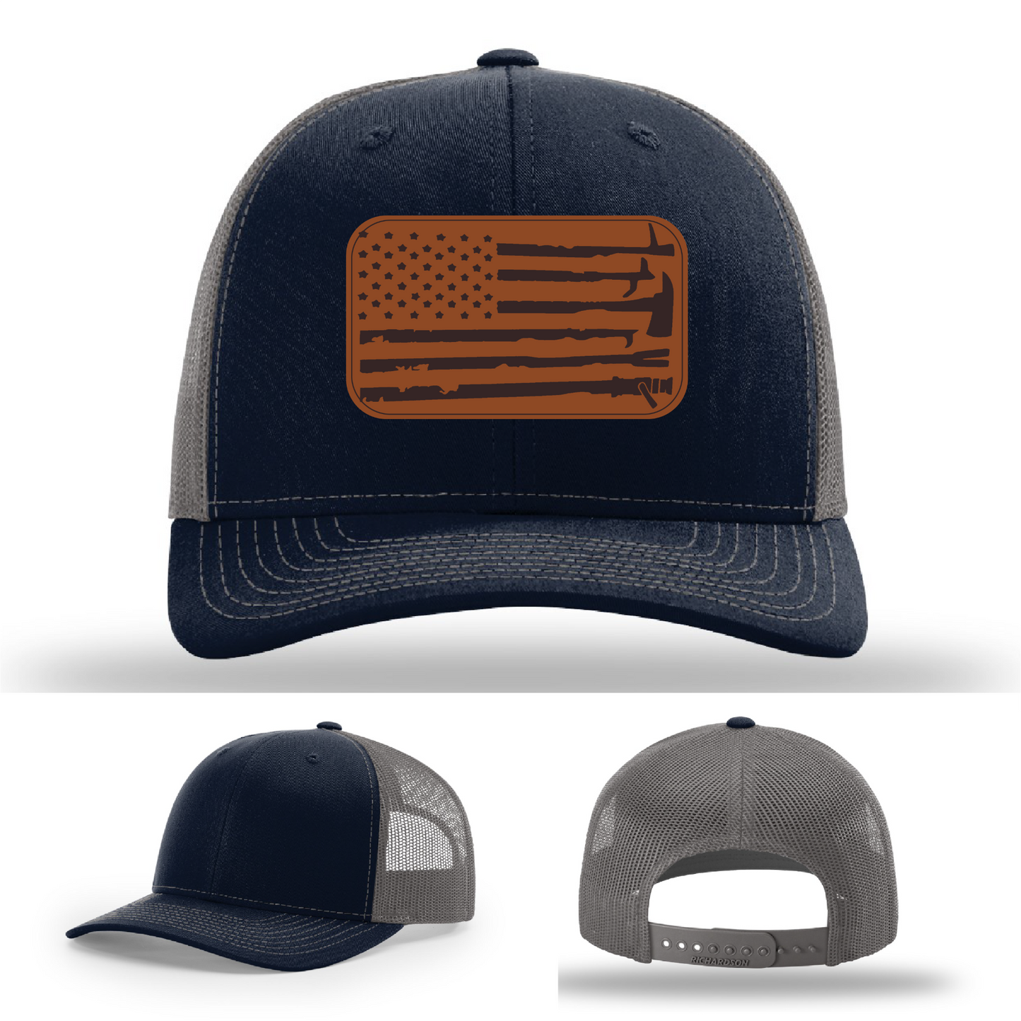 Leather patch firefighter hat – Richardson cap with fire tool American flag design