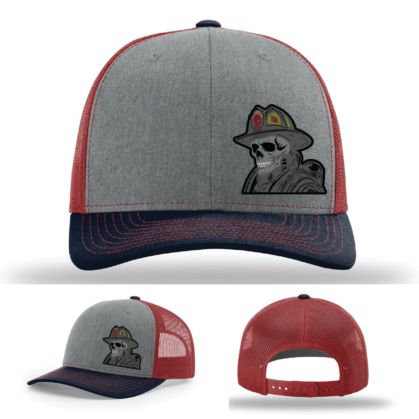 Richardson firefighter gear – skull helmet logo leather patch variants shown