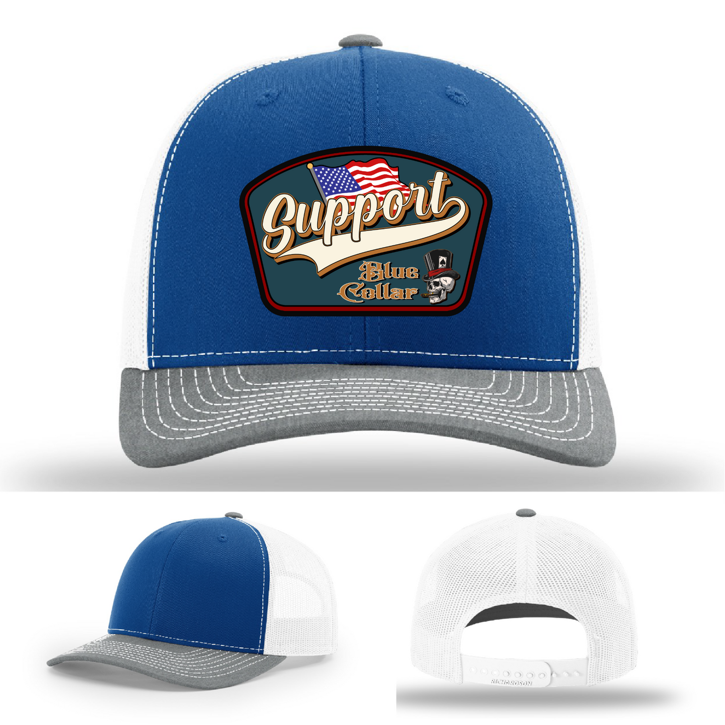 Richardson leather patch hat with 'Support Blue Collar' American flag design