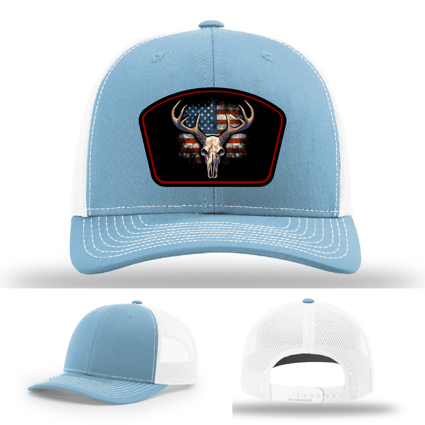 Patriotic buck skull patch logo types – shown across hats