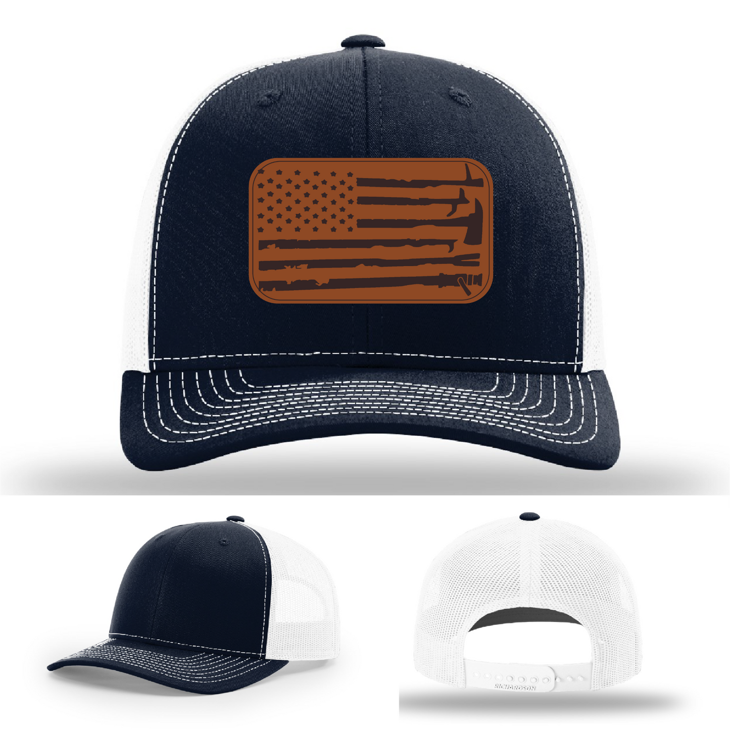 Leather patch firefighter hat – Richardson cap with fire tool American flag design