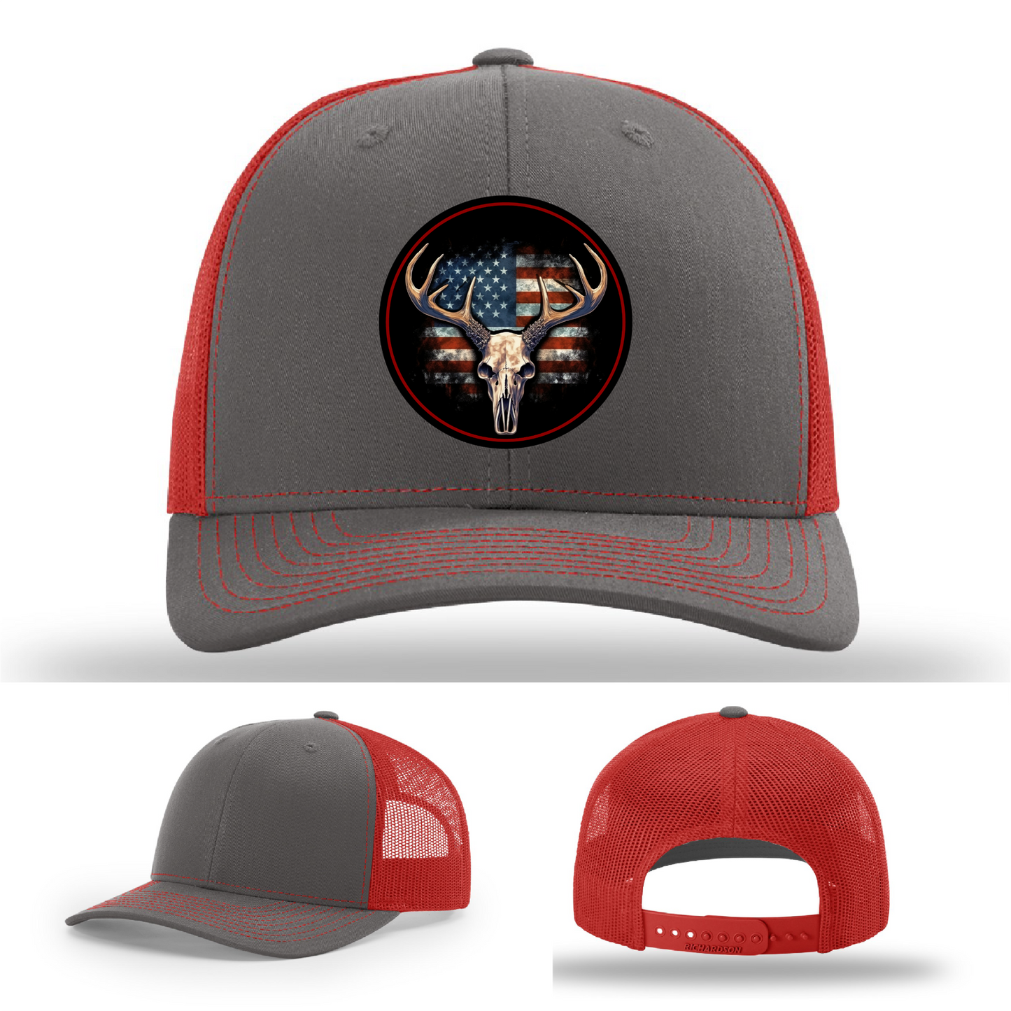 USA deer skull hunting patch designs β leather hat logo variants on Richardson styles