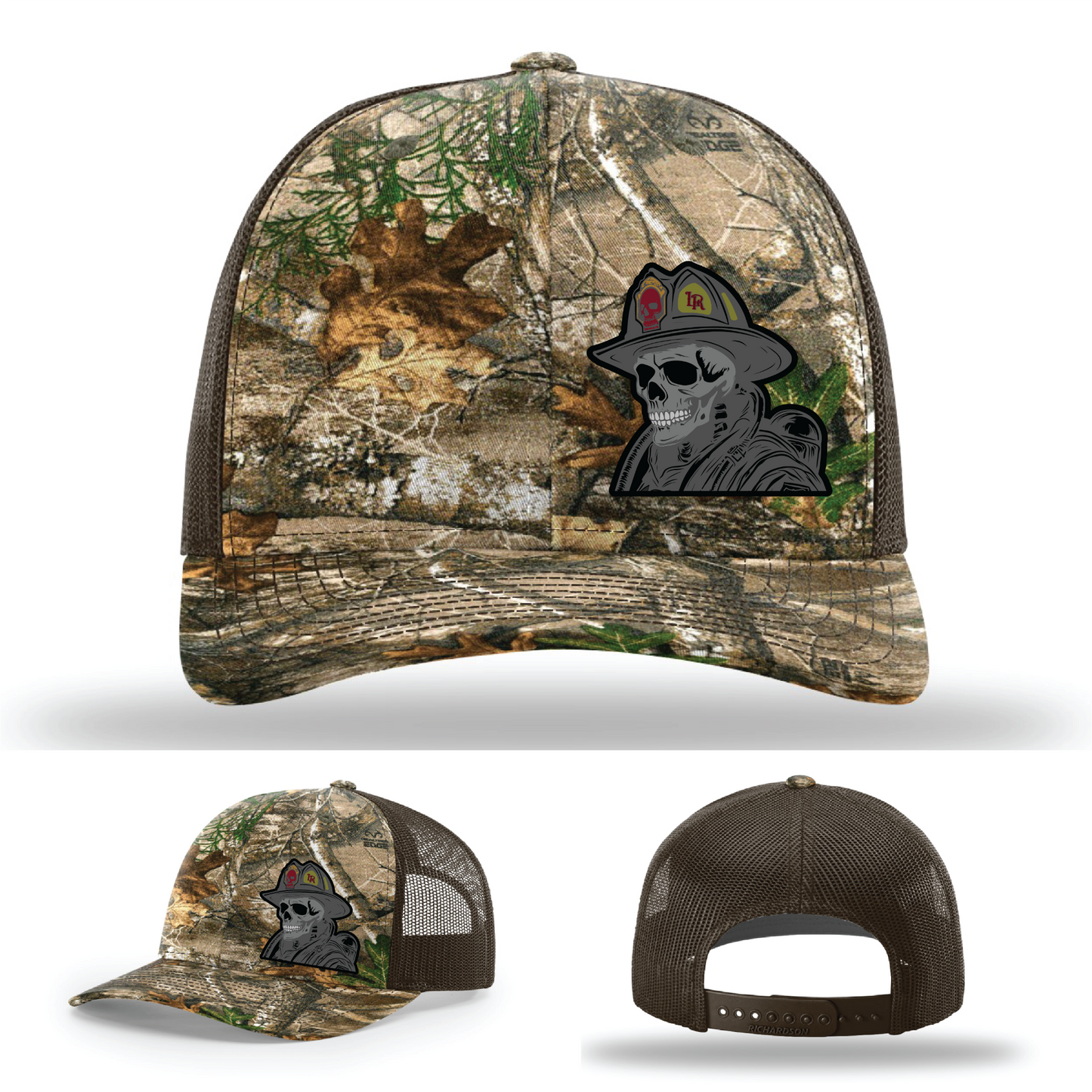 Custom skull helmet logos – leather firefighter patches on Richardson hats