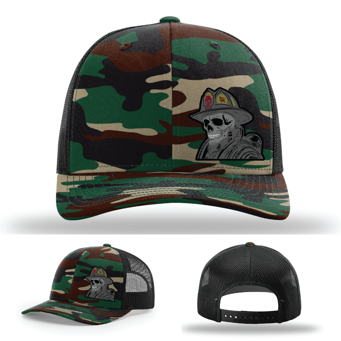 Firefighter skull patch designs – leather logo variants on Richardson headwear