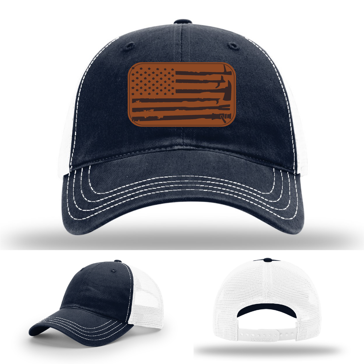 Leather patch firefighter hat – Richardson cap with fire tool American flag design
