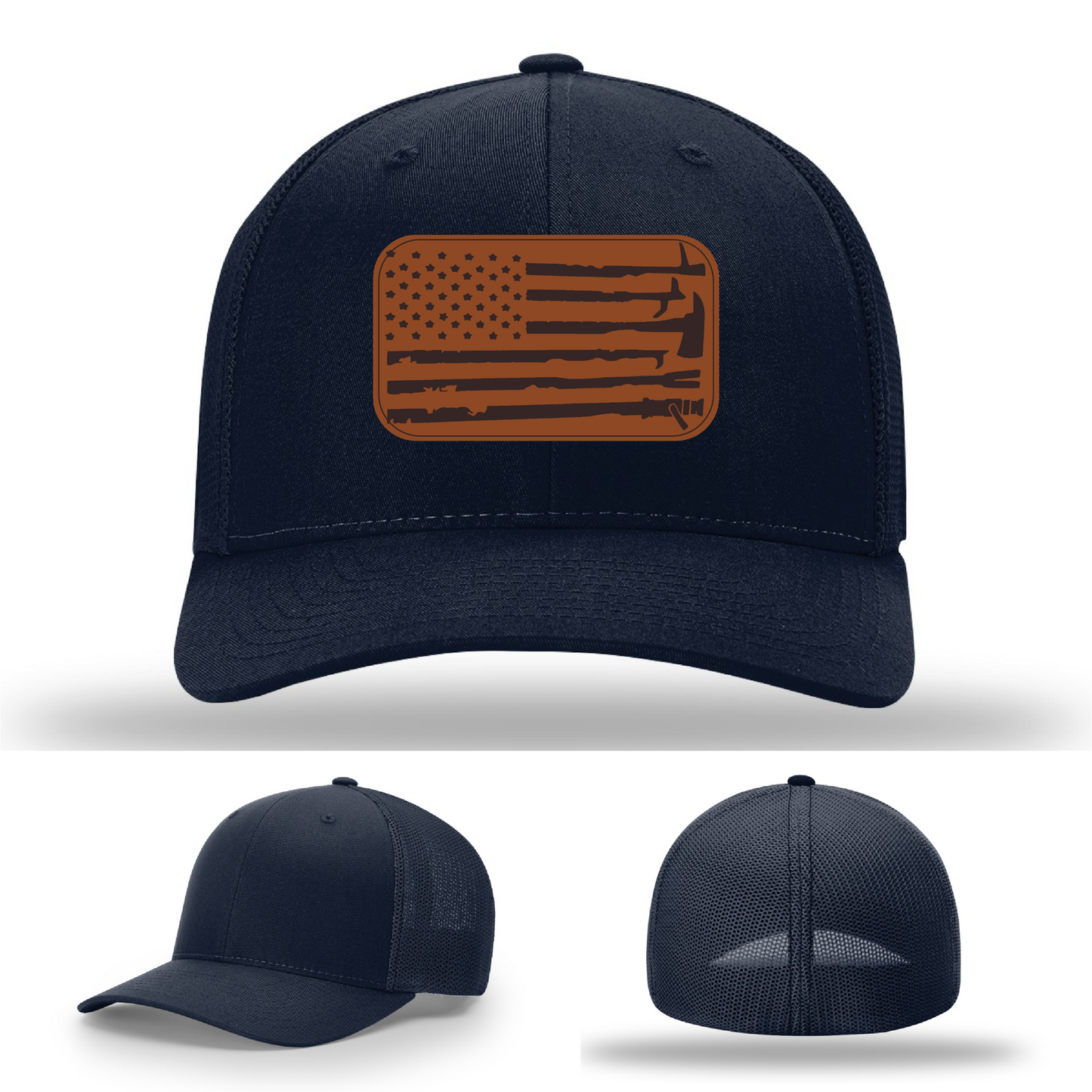 Leather patch firefighter hat – Richardson cap with fire tool American flag design