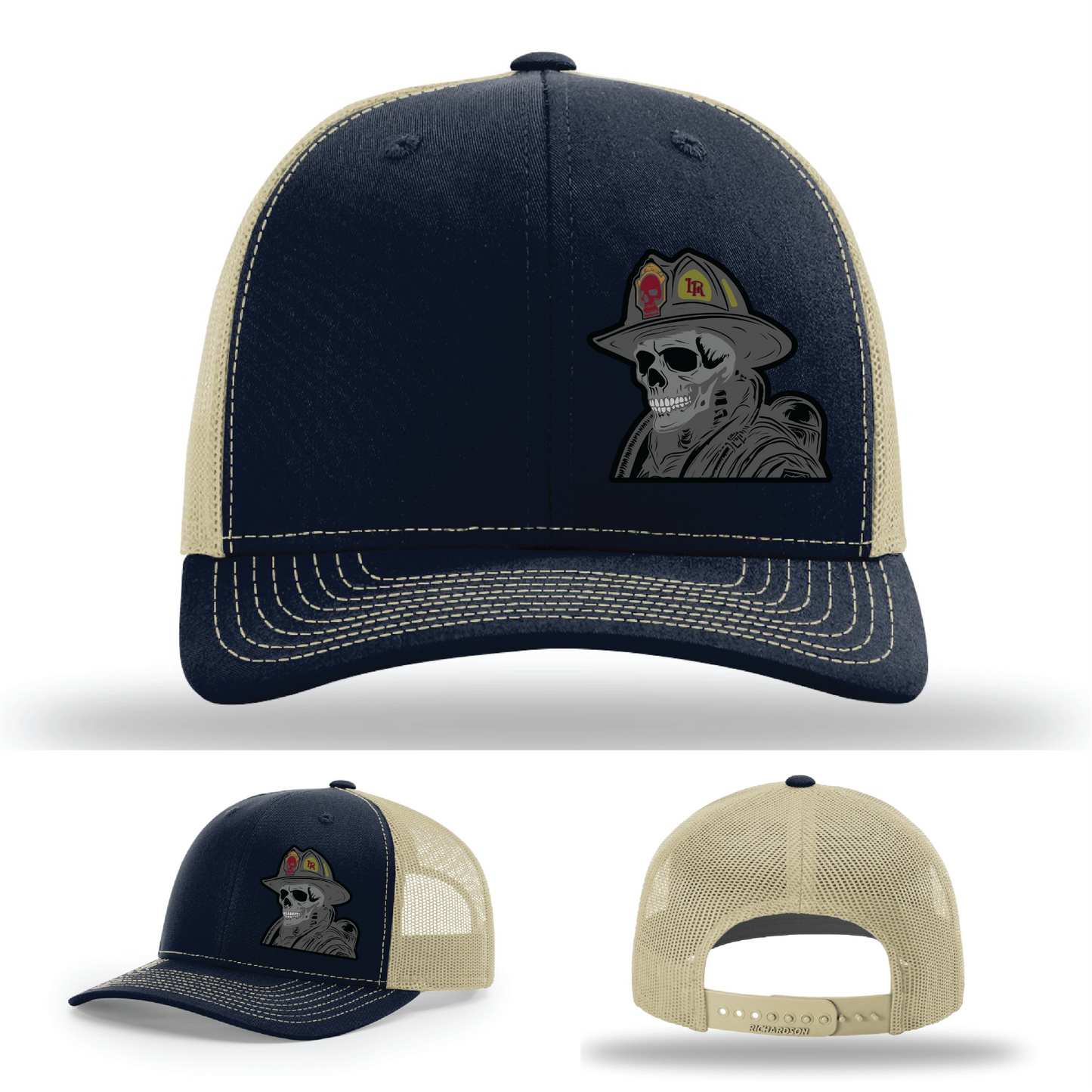 Skull firefighter helmet logos – leather patch variants for Richardson hats