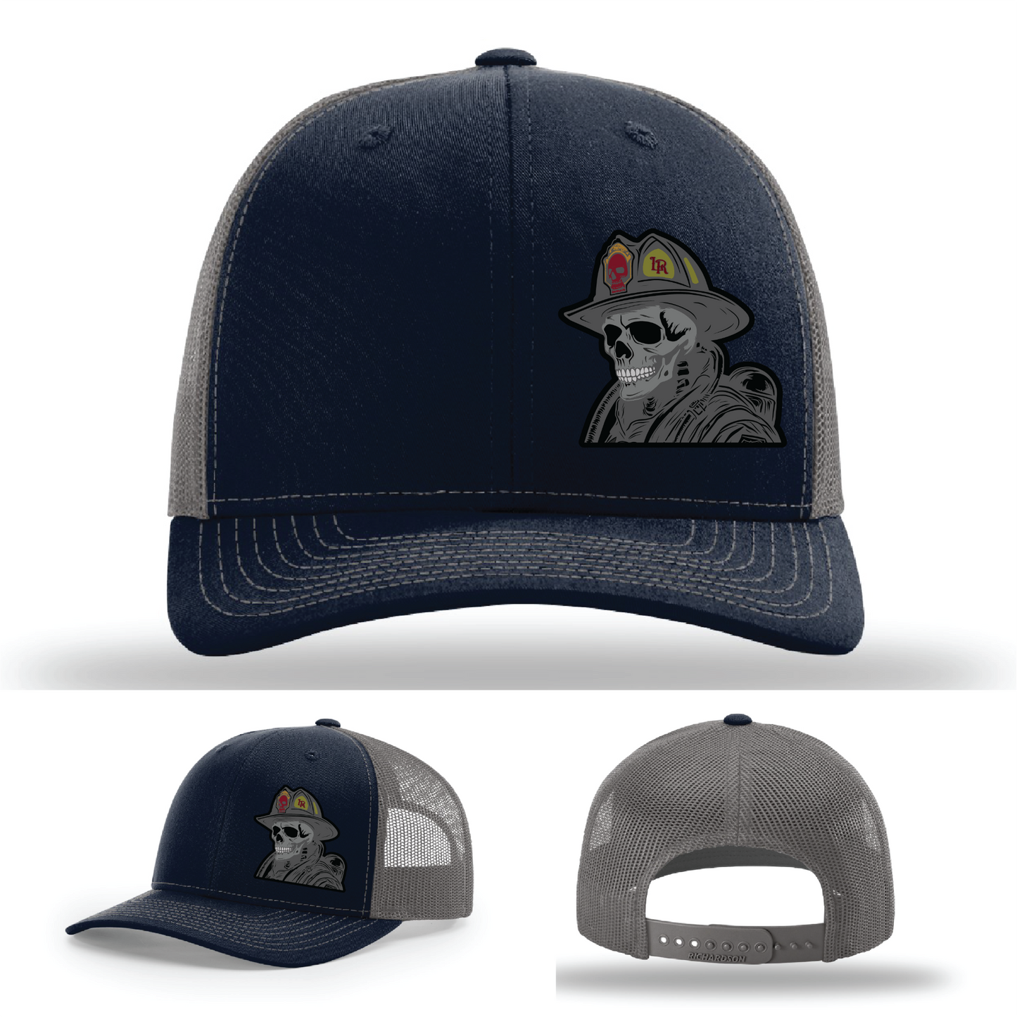 Richardson hat patch logos – skull firefighter helmet leather styles shown