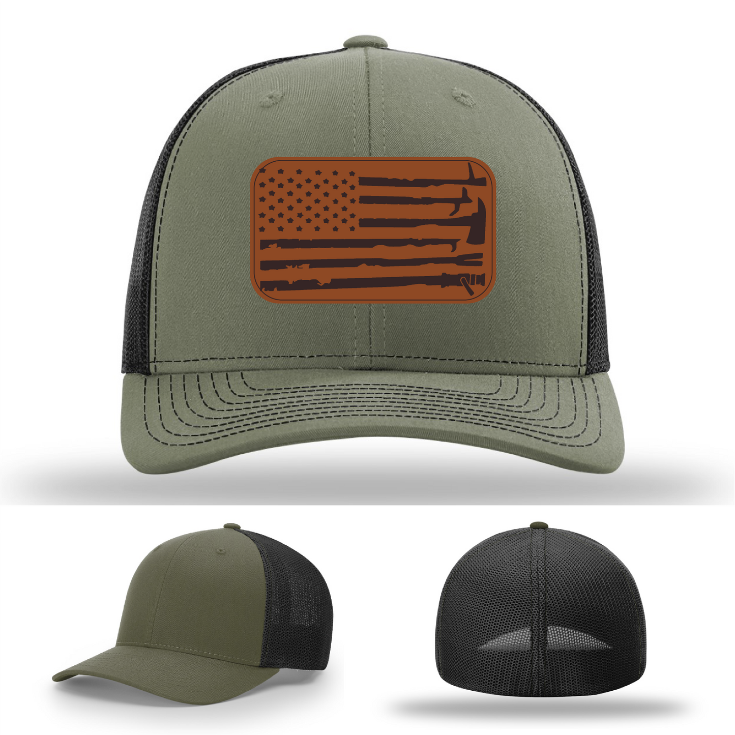 Leather patch firefighter hat – Richardson cap with fire tool American flag design