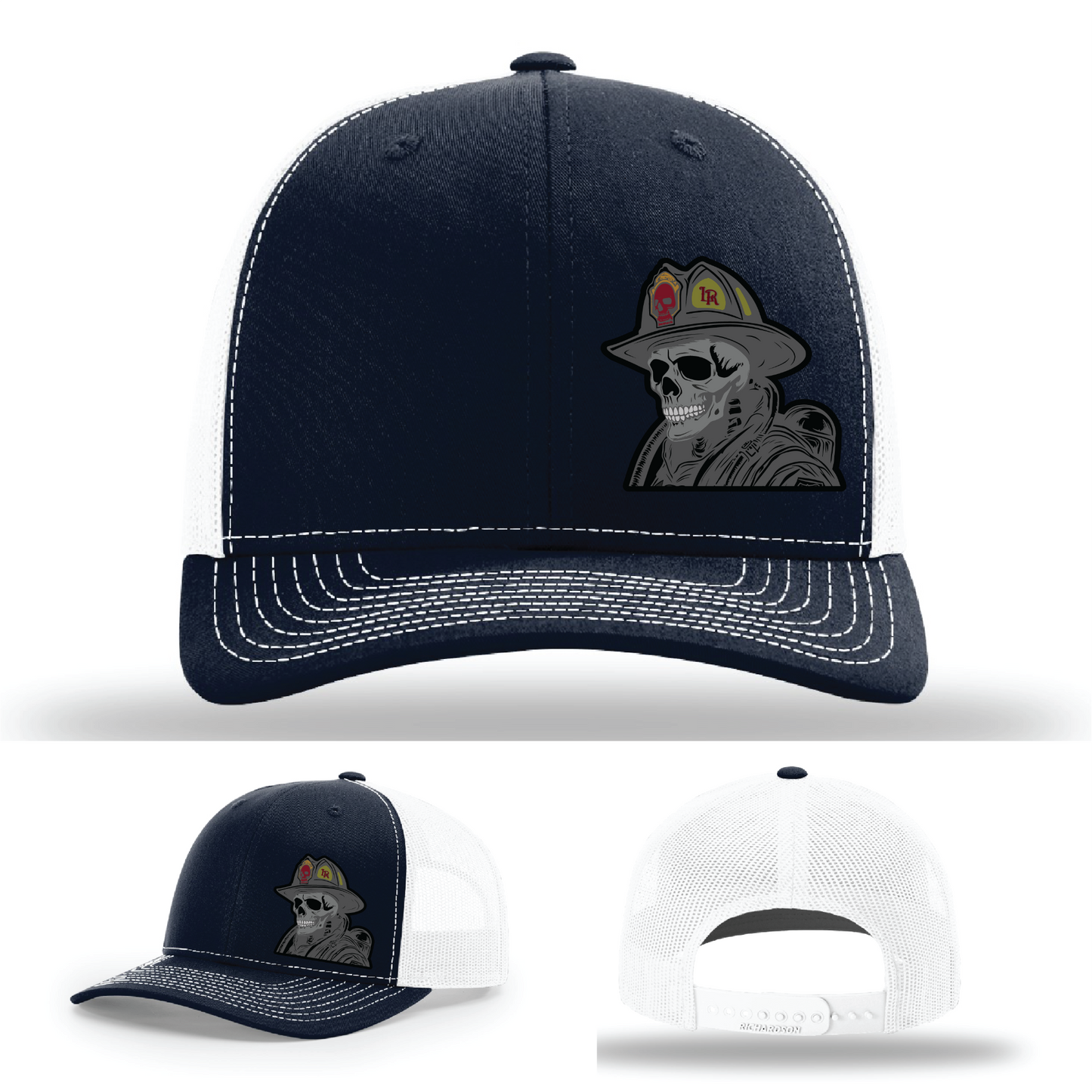 Fire service skull logo variants – helmet patches on Richardson leather hats