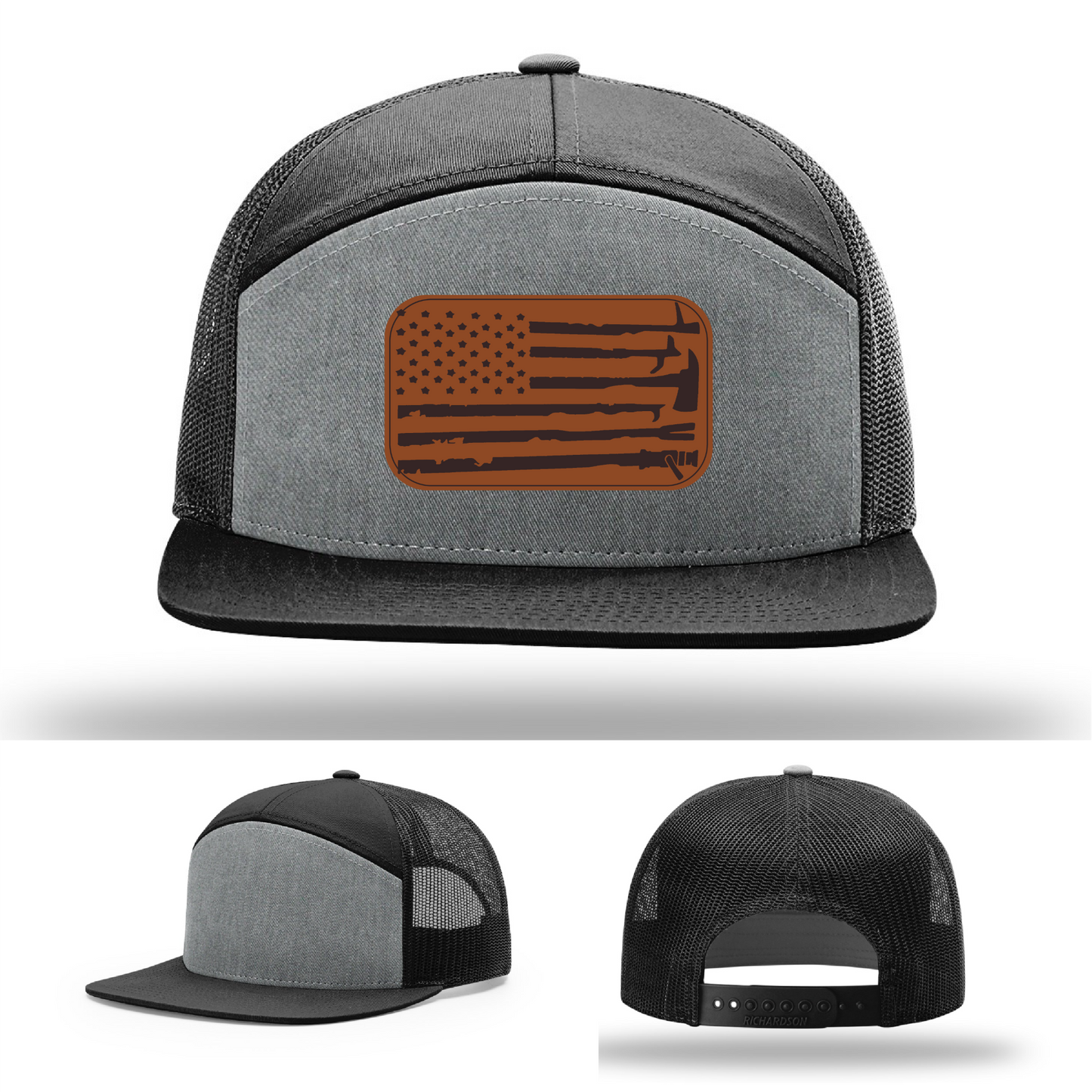 Leather patch firefighter hat – Richardson cap with fire tool American flag design