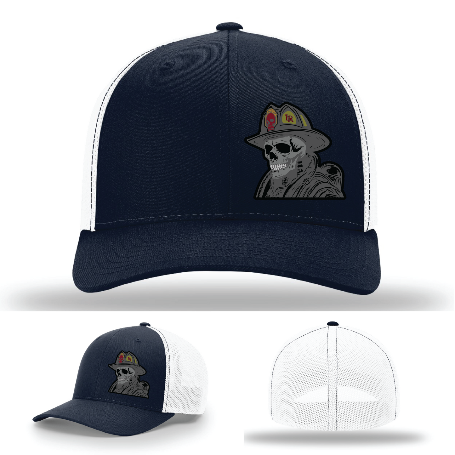 Leather firefighter hat patch options – skull helmet logo variants