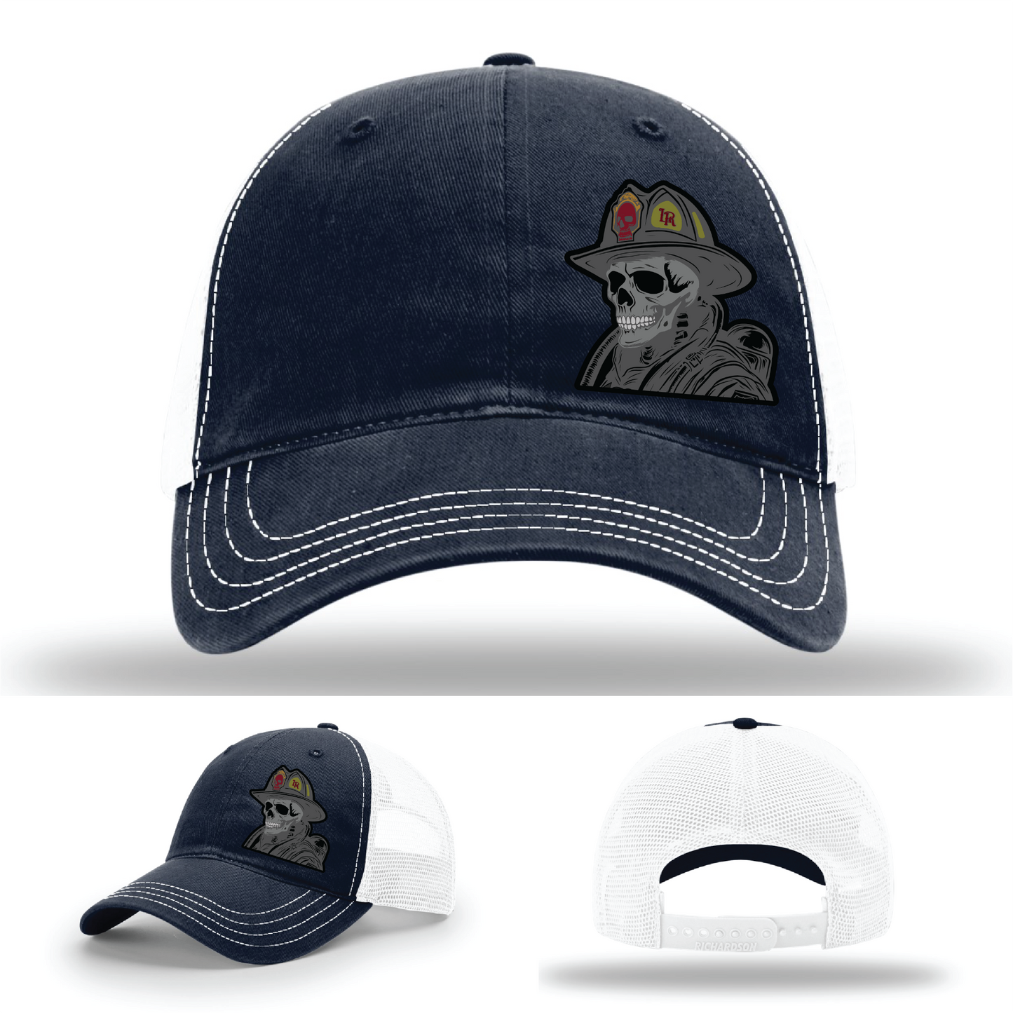 Firefighter gear logo variants – skull helmet leather patches on Richardson