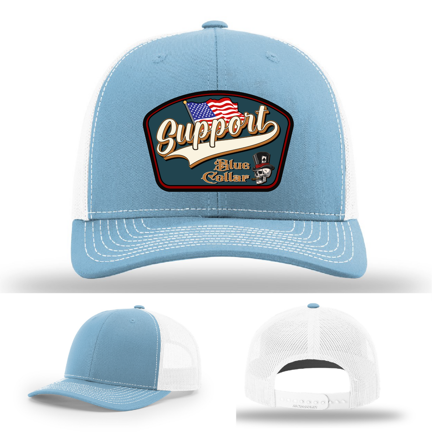 Richardson leather patch hat with 'Support Blue Collar' American flag design