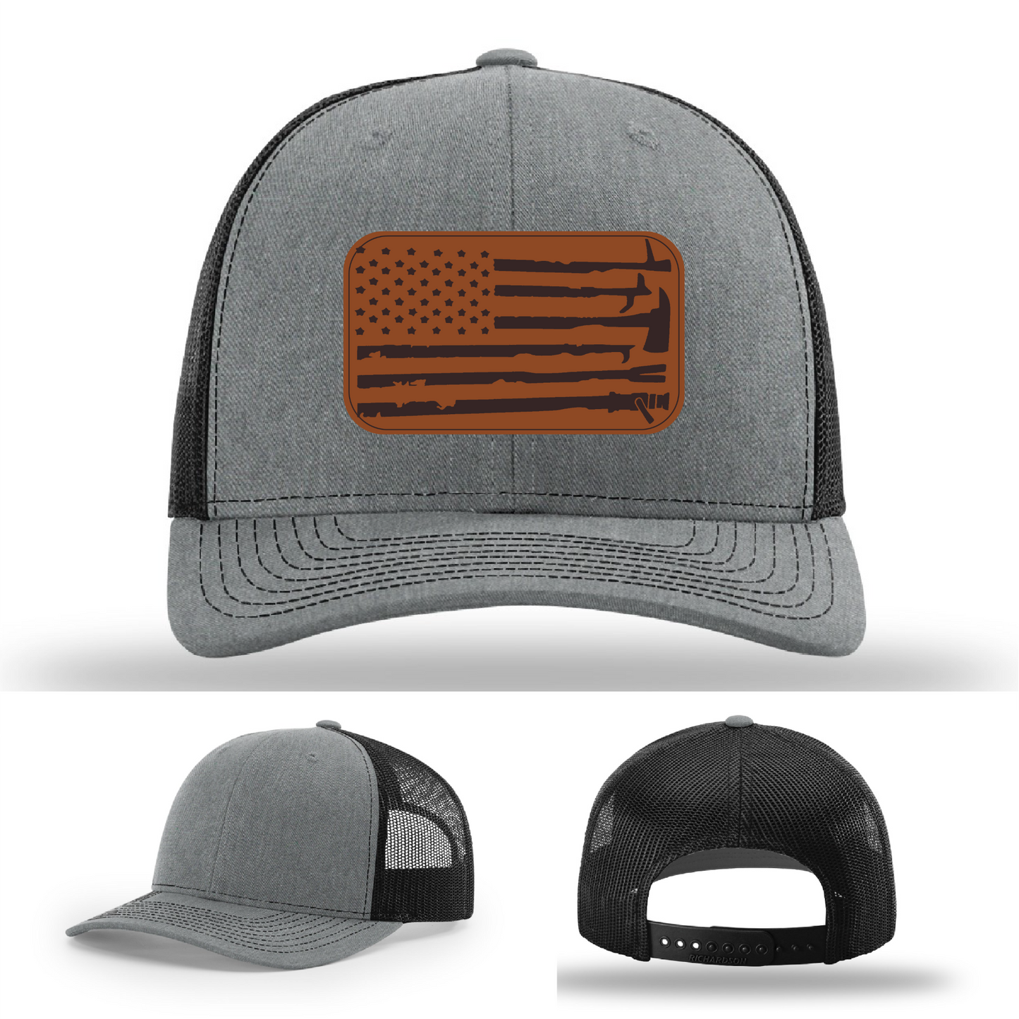 Leather patch firefighter hat – Richardson cap with fire tool American flag design