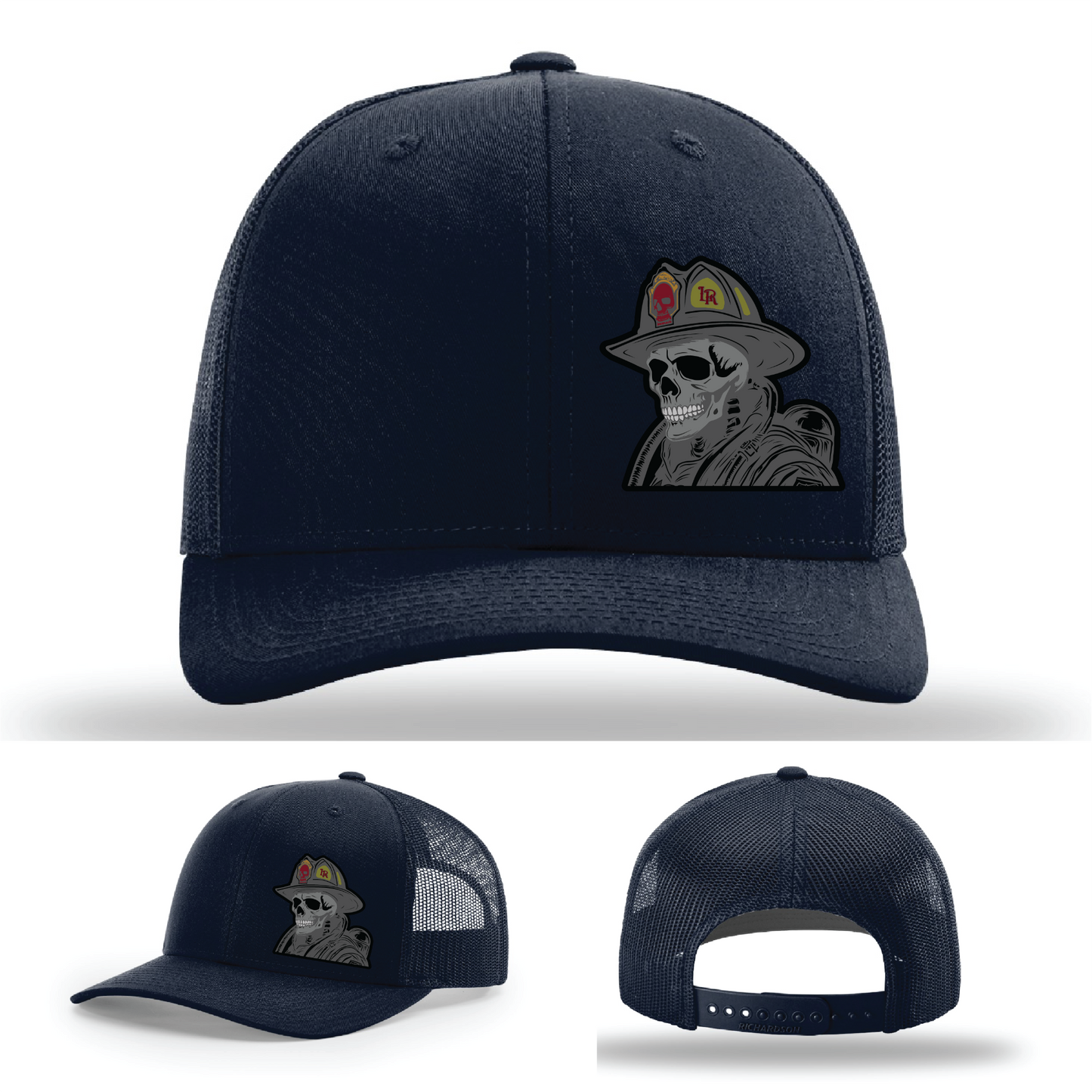 Skeleton firefighter helmet logo variations – featured on Richardson hats