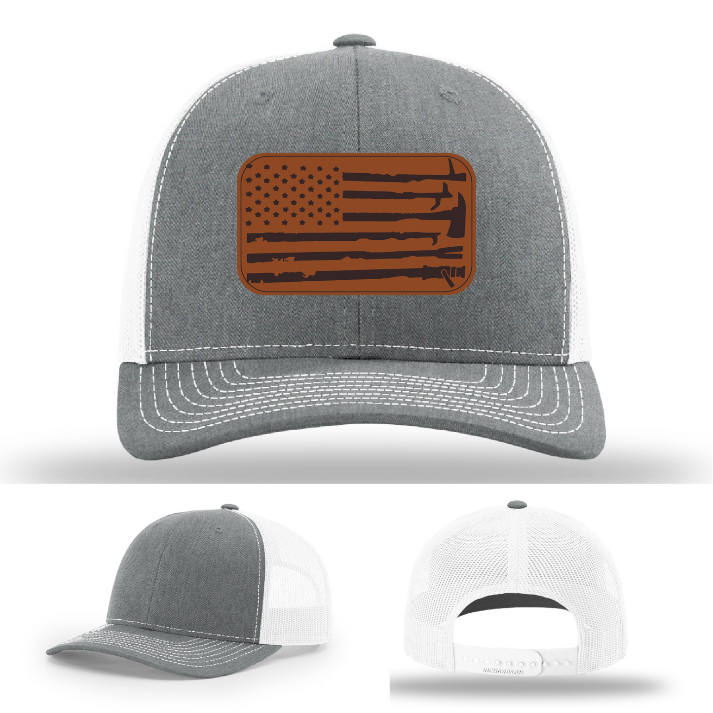 Leather patch firefighter hat – Richardson cap with fire tool American flag design