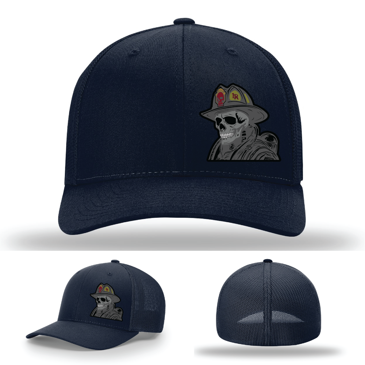 Leather patch fire skull logo variants – shown on Richardson brand hats