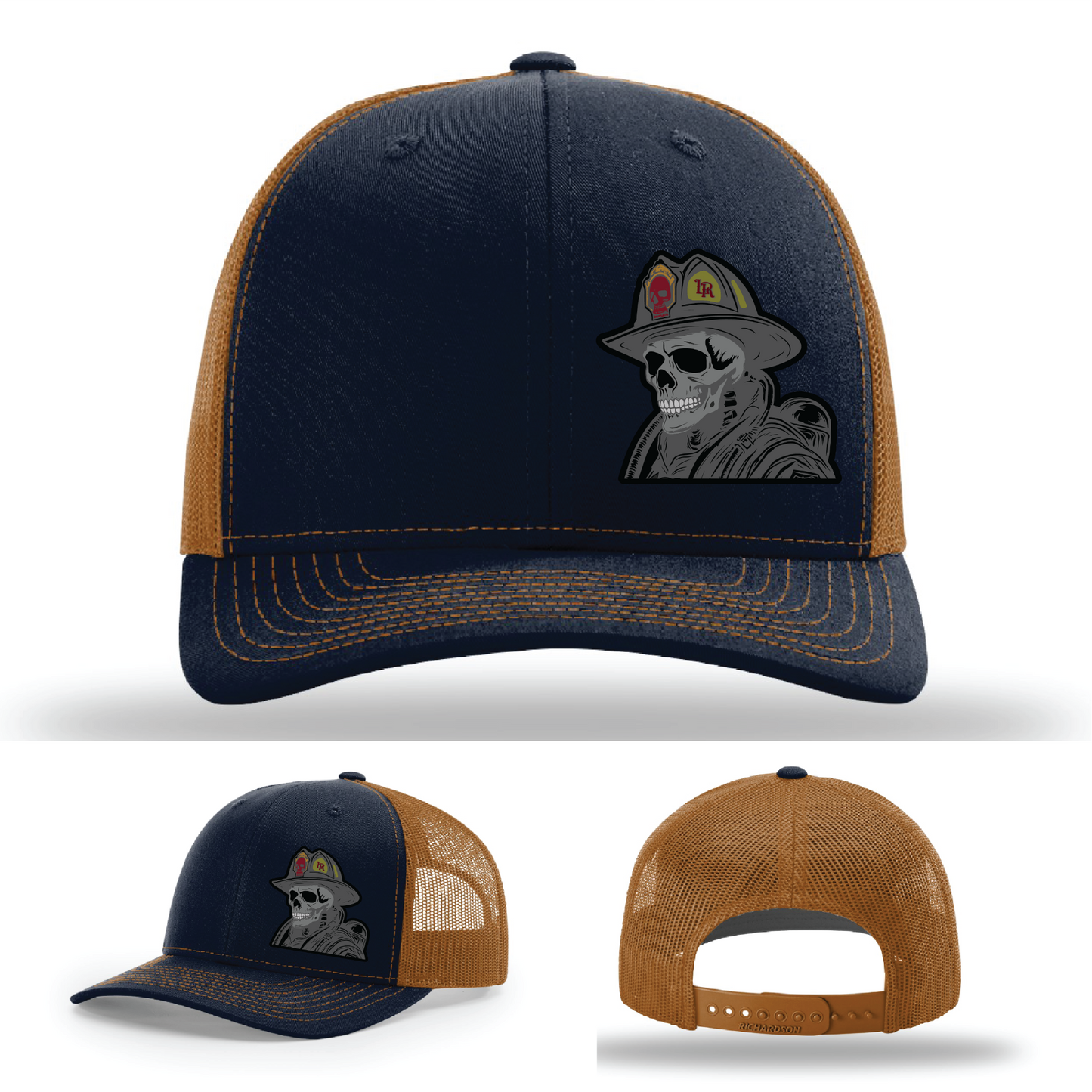 Firefighter hat leather patch logos – skull helmet variants on Richardson