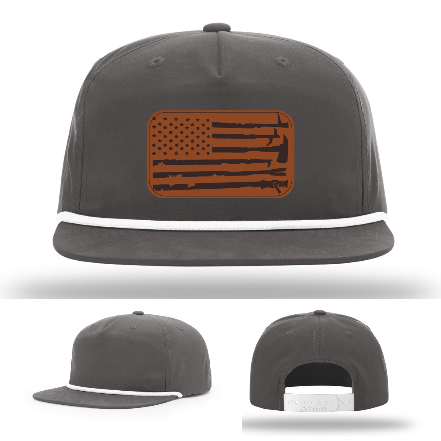 Leather patch firefighter hat – Richardson cap with fire tool American flag design