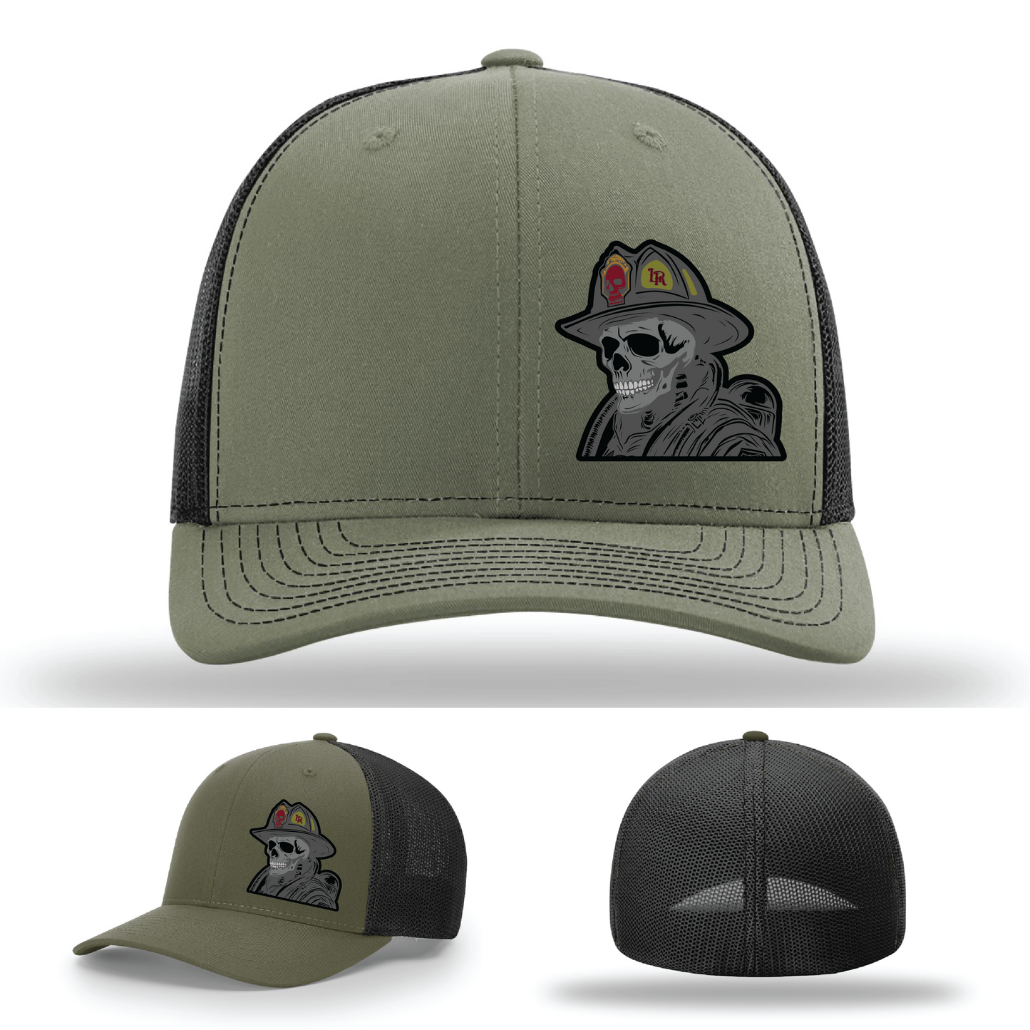 Multiple leather patch variations – firefighter skull helmet designs on Richardson hats