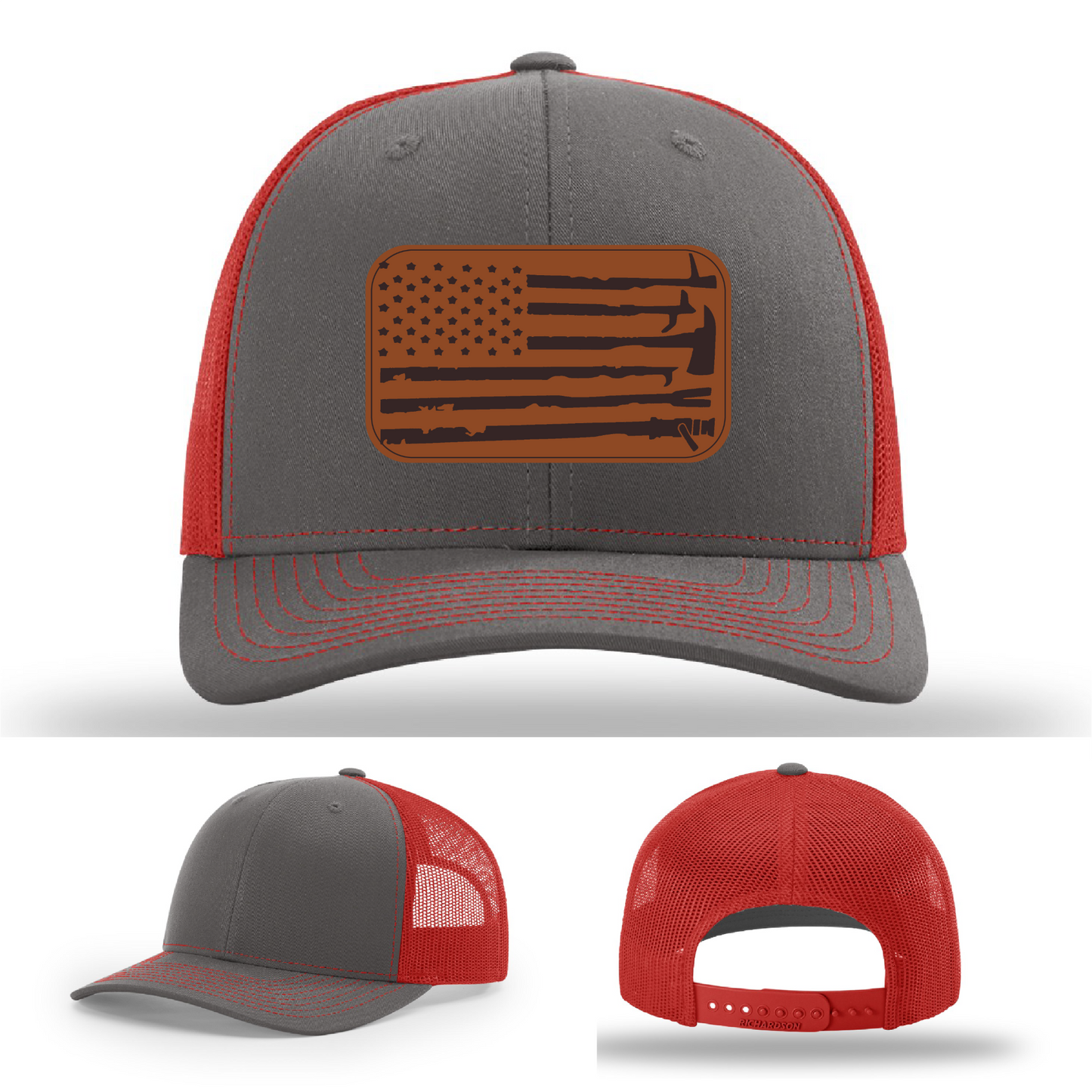 Leather patch firefighter hat – Richardson cap with fire tool American flag design