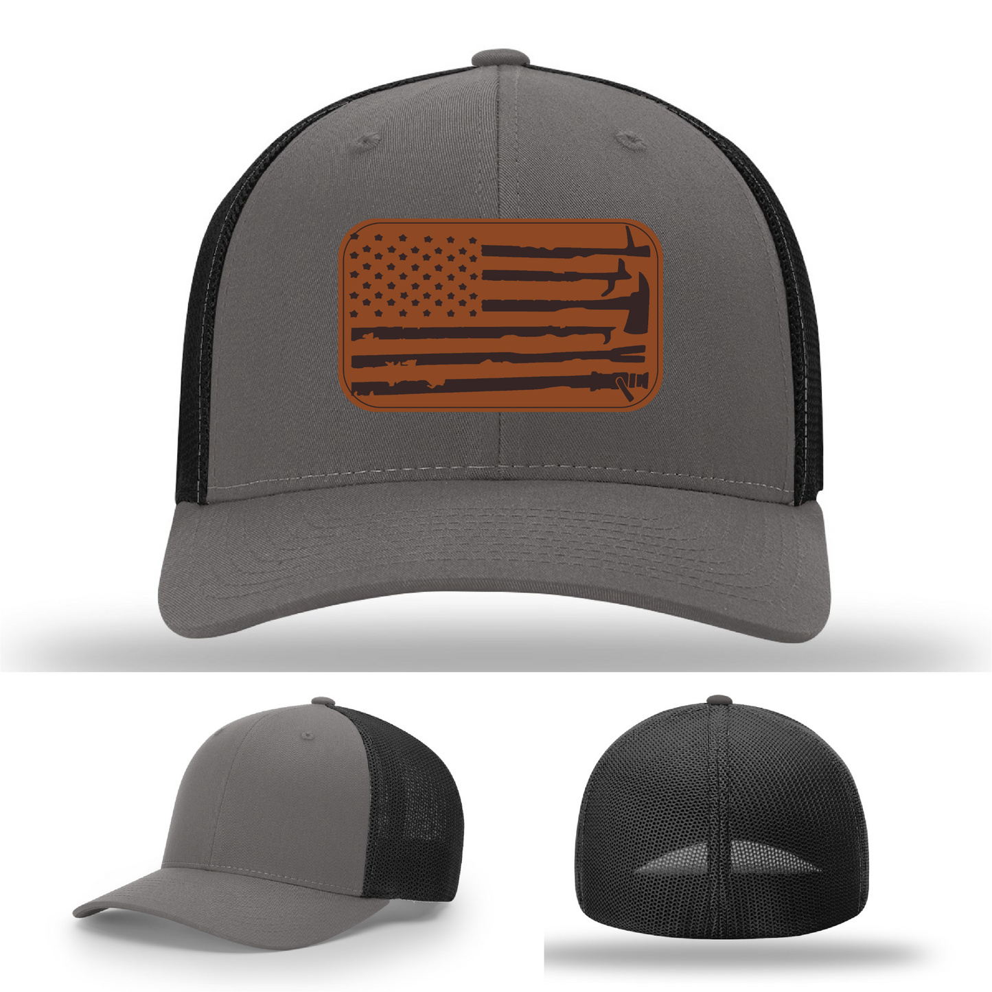 Leather patch firefighter hat – Richardson cap with fire tool American flag design