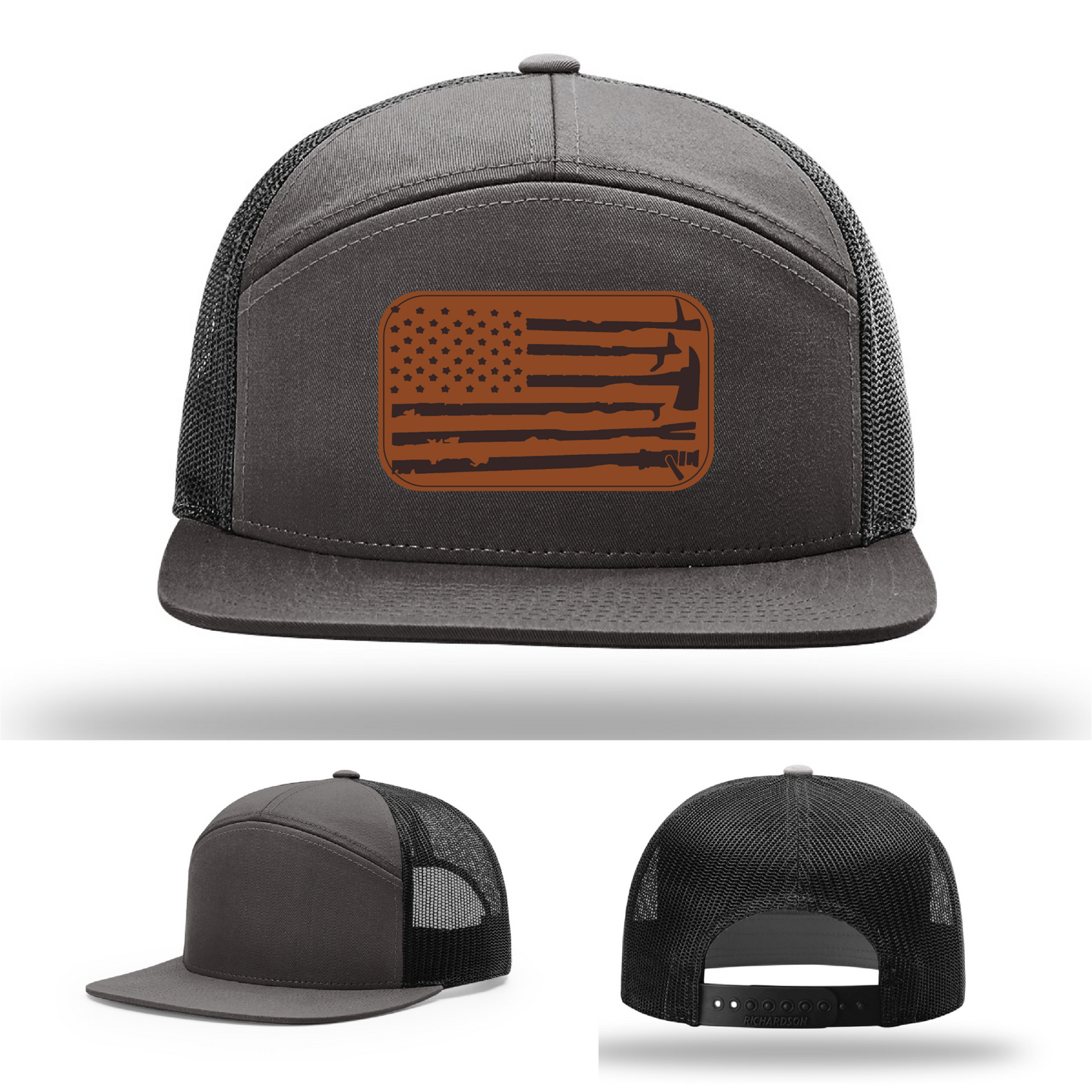 Leather patch firefighter hat – Richardson cap with fire tool American flag design