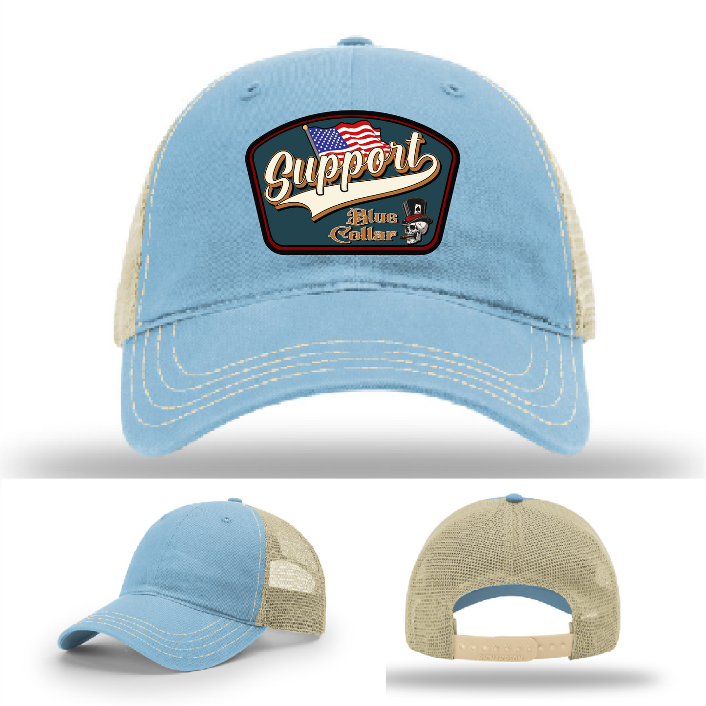 Richardson leather patch hat with 'Support Blue Collar' American flag design