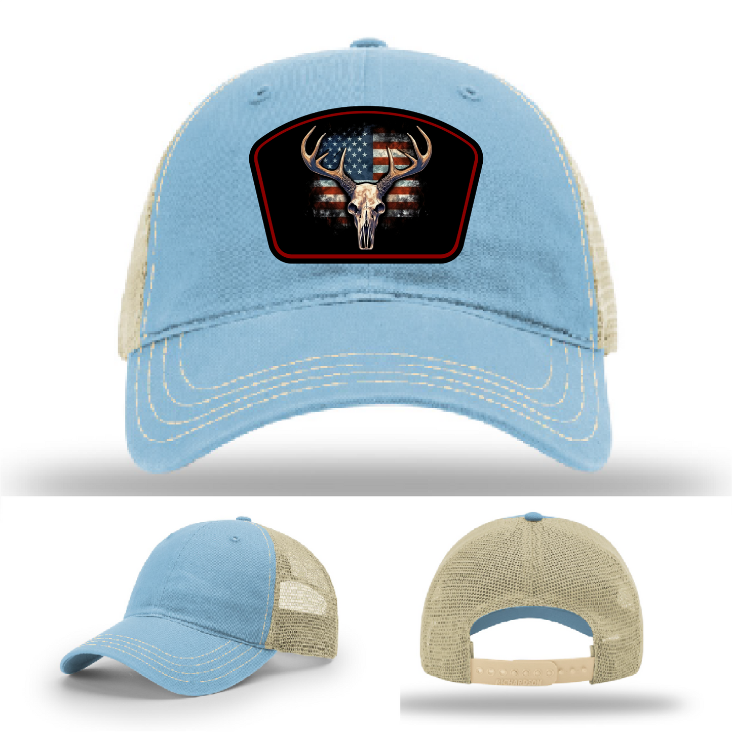 Hat patch variants – American skull and antler logos