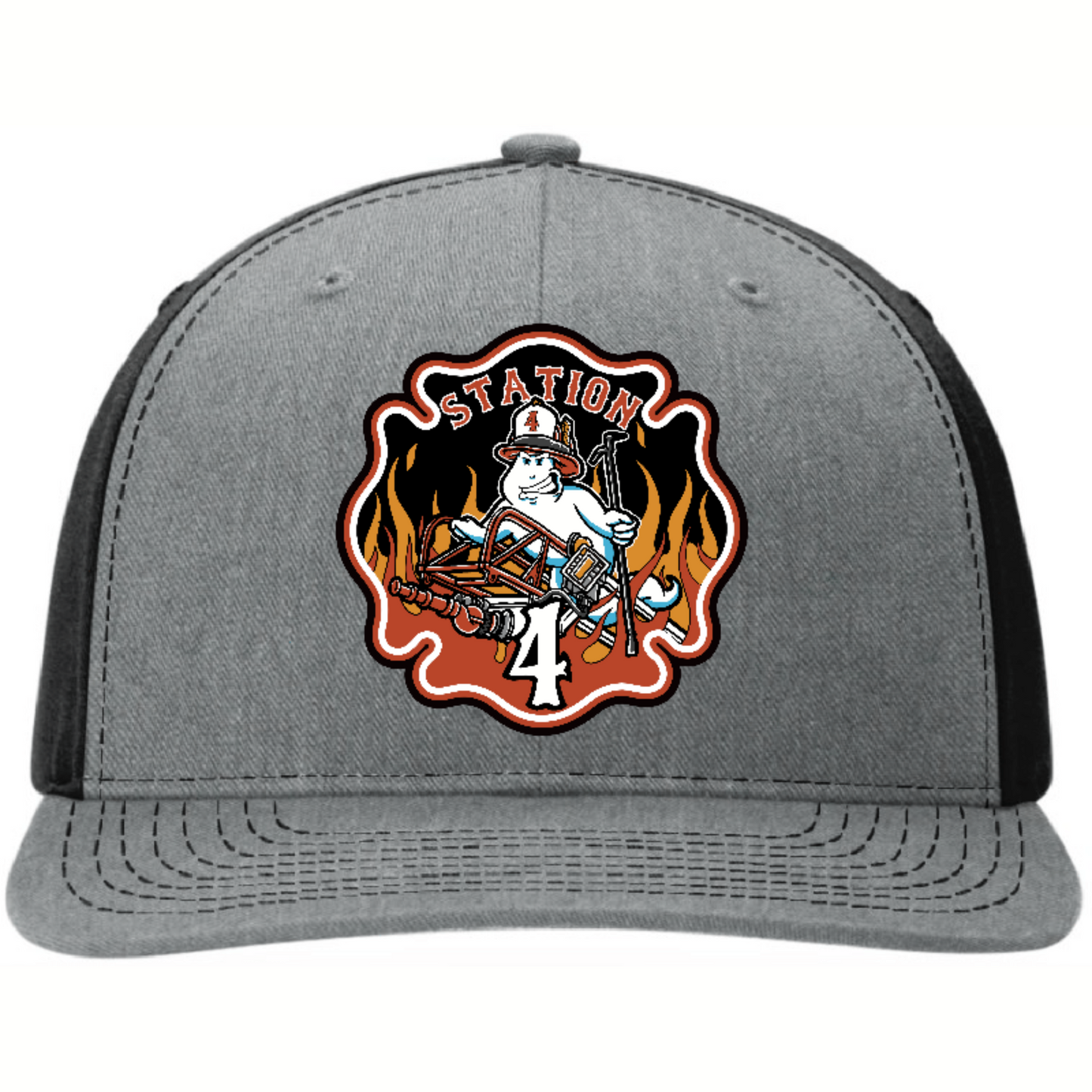 Custom Richardson hats featuring full color leather patches designed for multiple Bentonville Fire Department trucks and crews