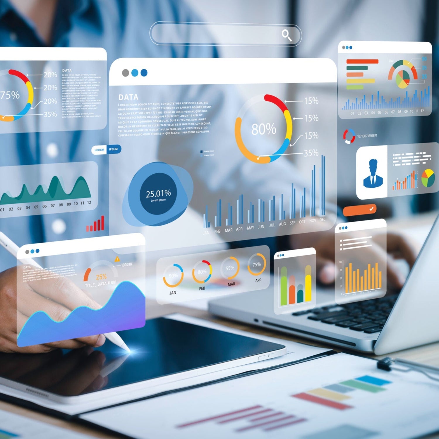 Person analyzing digital marketing data on a tablet with interactive charts and business analytics overlays—ideal for branding, custom gear planning, and business growth strategies.