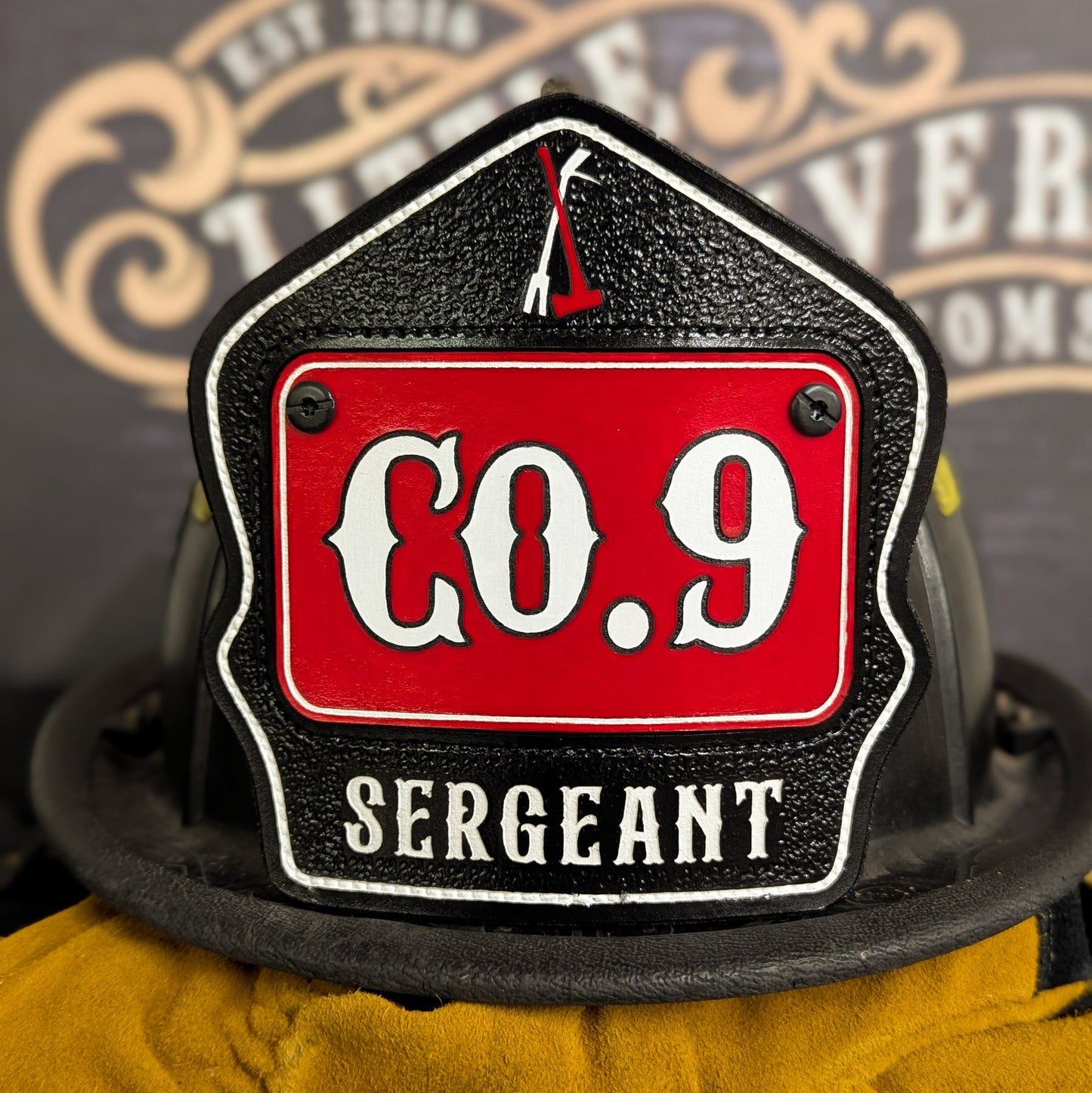 Personalized firefighter helmet shield in passport style with bold number, custom name, and clean line layout for rank, station, or company"