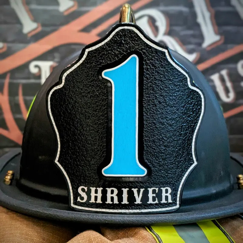 company firefighter helmet shield handcrafted full grain leather with bold number and name layout