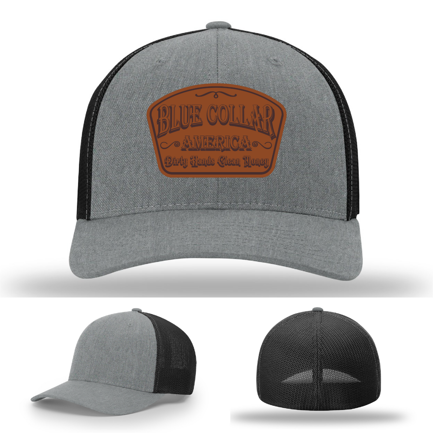 Richardson leather patch hat with 'Blue Collar America β Dirty Hands Clean Money