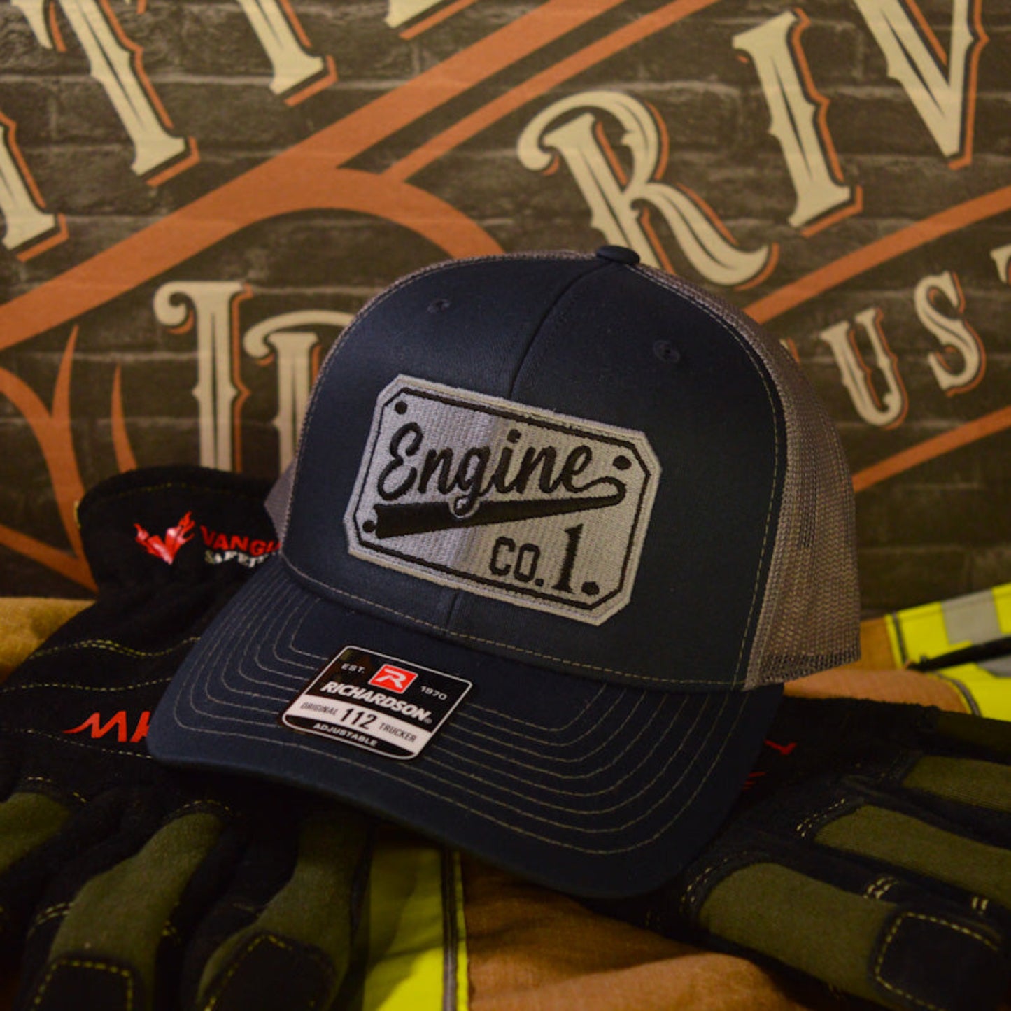Custom embroidered firefighter hat with bold stitching, structured fit, and premium Richardson snapback design