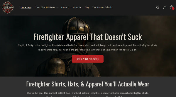 Septic & Salty firefighter and EMS apparel Shopify site with custom shirts, hats, and gear