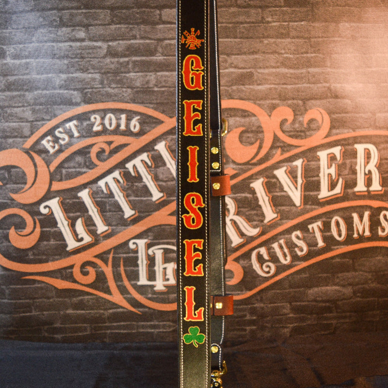 Personalized leather firefighter radio strap with adjustable fit and rugged construction