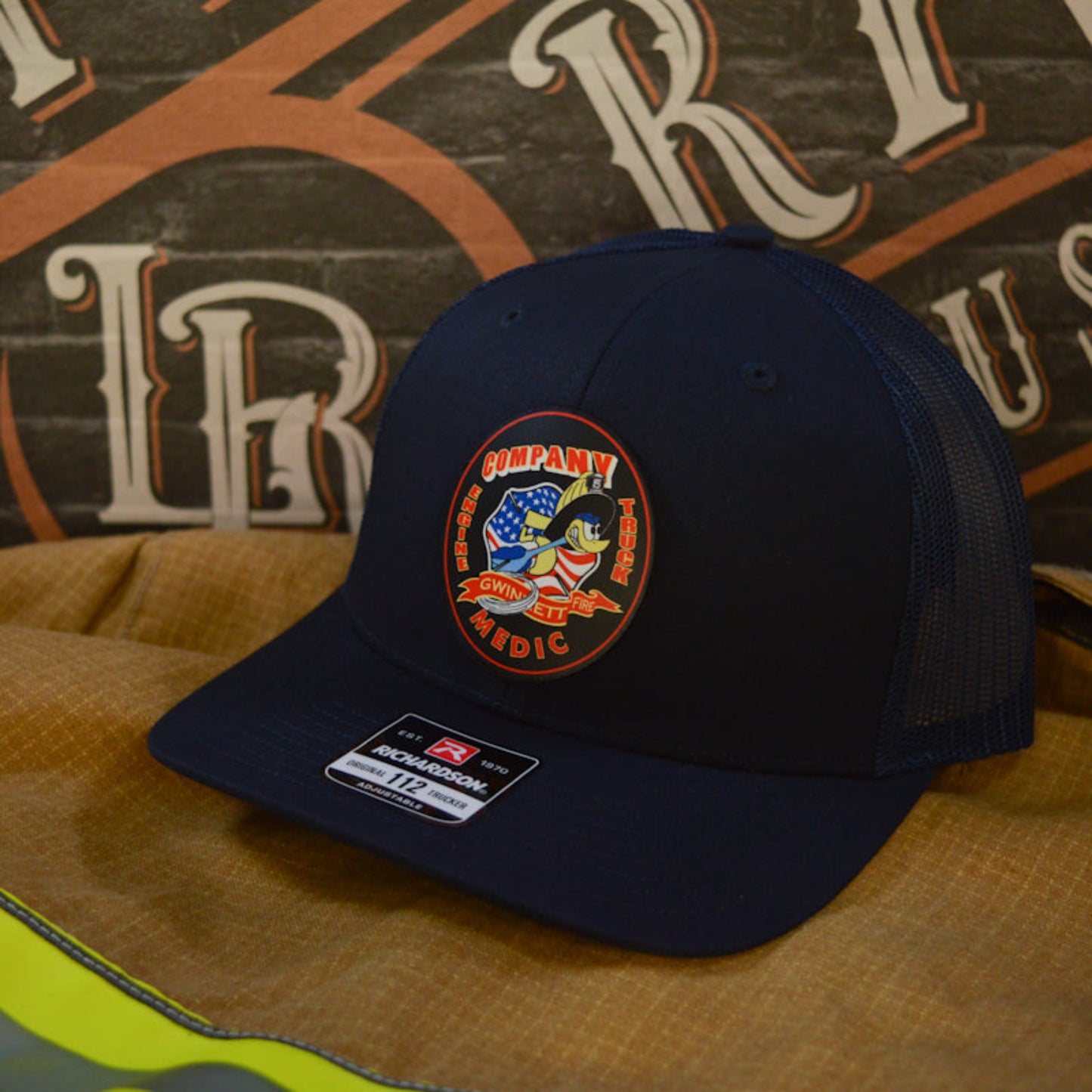 Custom Gwinnett Fire Department hat with patch featuring engine, truck, and medic company design.