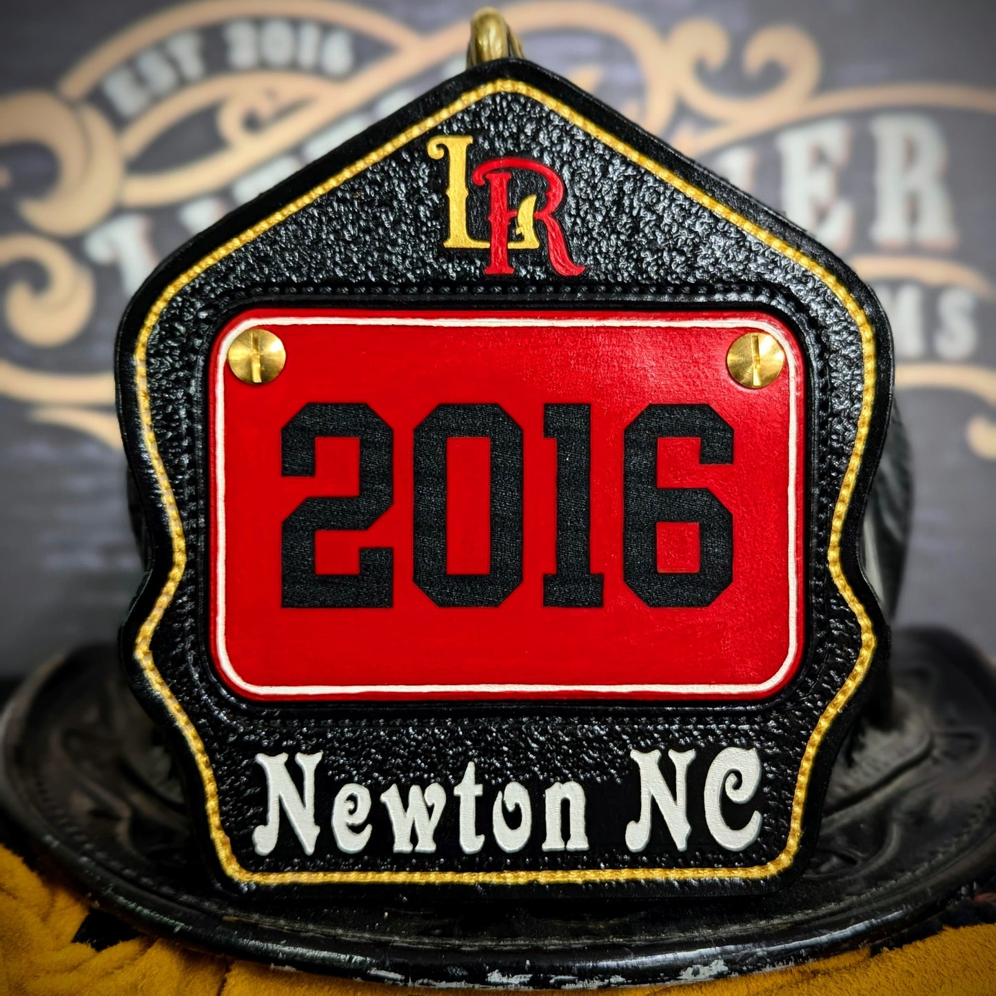 Personalized firefighter helmet shield in passport style with bold number, custom name, and clean line layout for rank, station, or company"