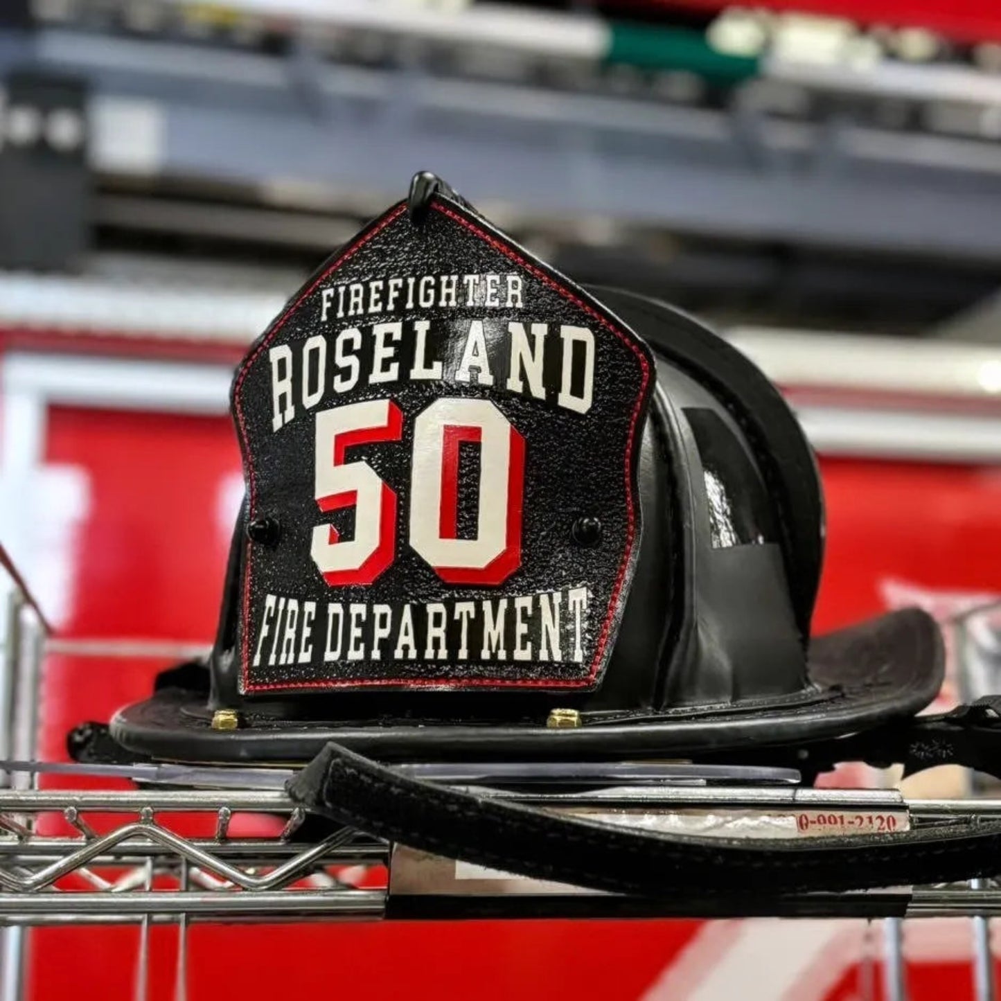 firefighter helmet front – personalized leather design for department identity