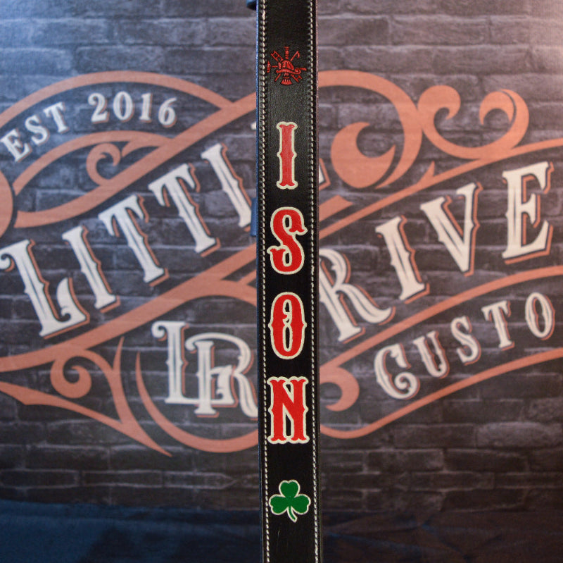 Personalized leather firefighter radio strap with adjustable fit and rugged construction