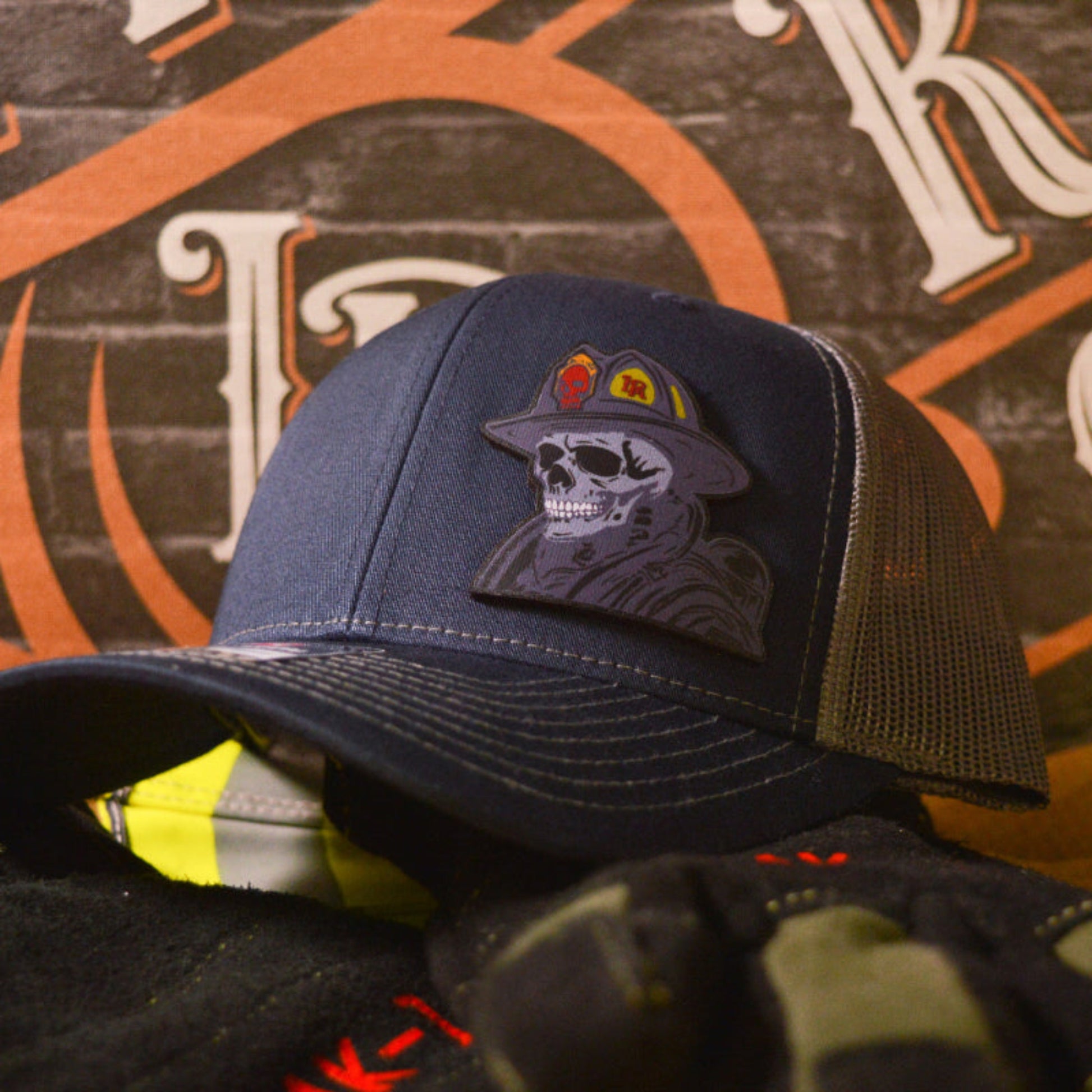 Skull firefighter hat with leather patch – Richardson hat featuring dark fire helmet logo