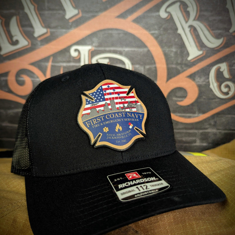 Custom firefighter hats with leather patch on Richardson 112 for your fire department